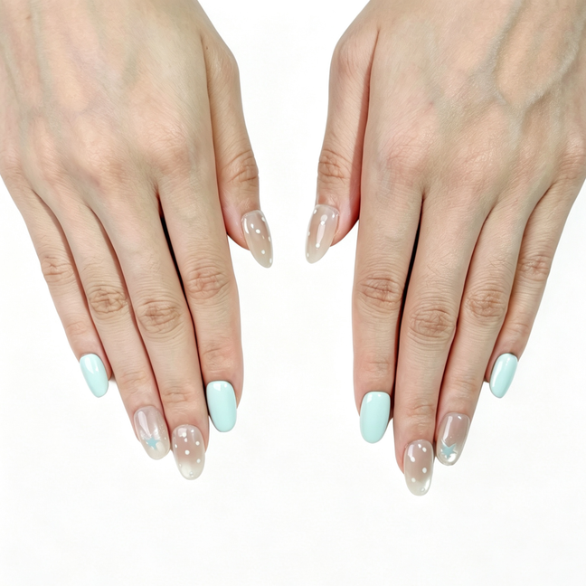 FASNAILS F43 Uñas Postizas Press On Artesanales Verde Menta Uñas Cuadradas Cortas Efecto Glaseado Perlado con Diseños de Estrellas y Lunares Estilo Y2K Elegantes Uñas Falsas de Gel Kit con Tabs adhesivos para uñas