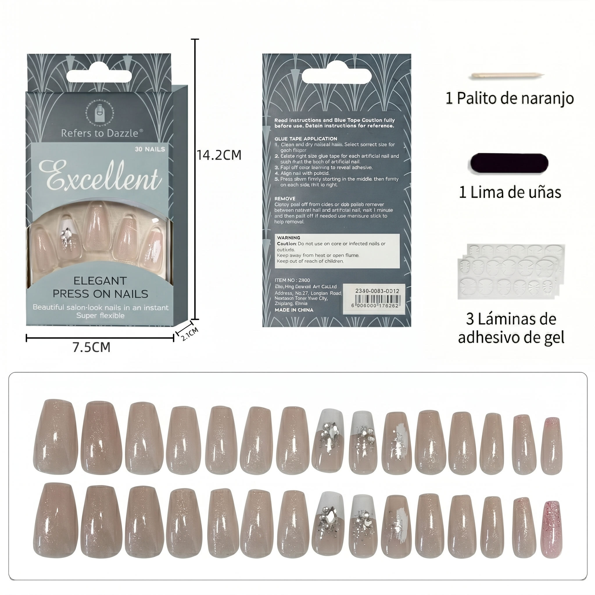 Uñas Press-On Artesanales Brillo Gélido | Elegante Diseño Ballerina Nude | Set de 24 Piezas con Gelatina Premium | Reutilizables de ABS de Lujo