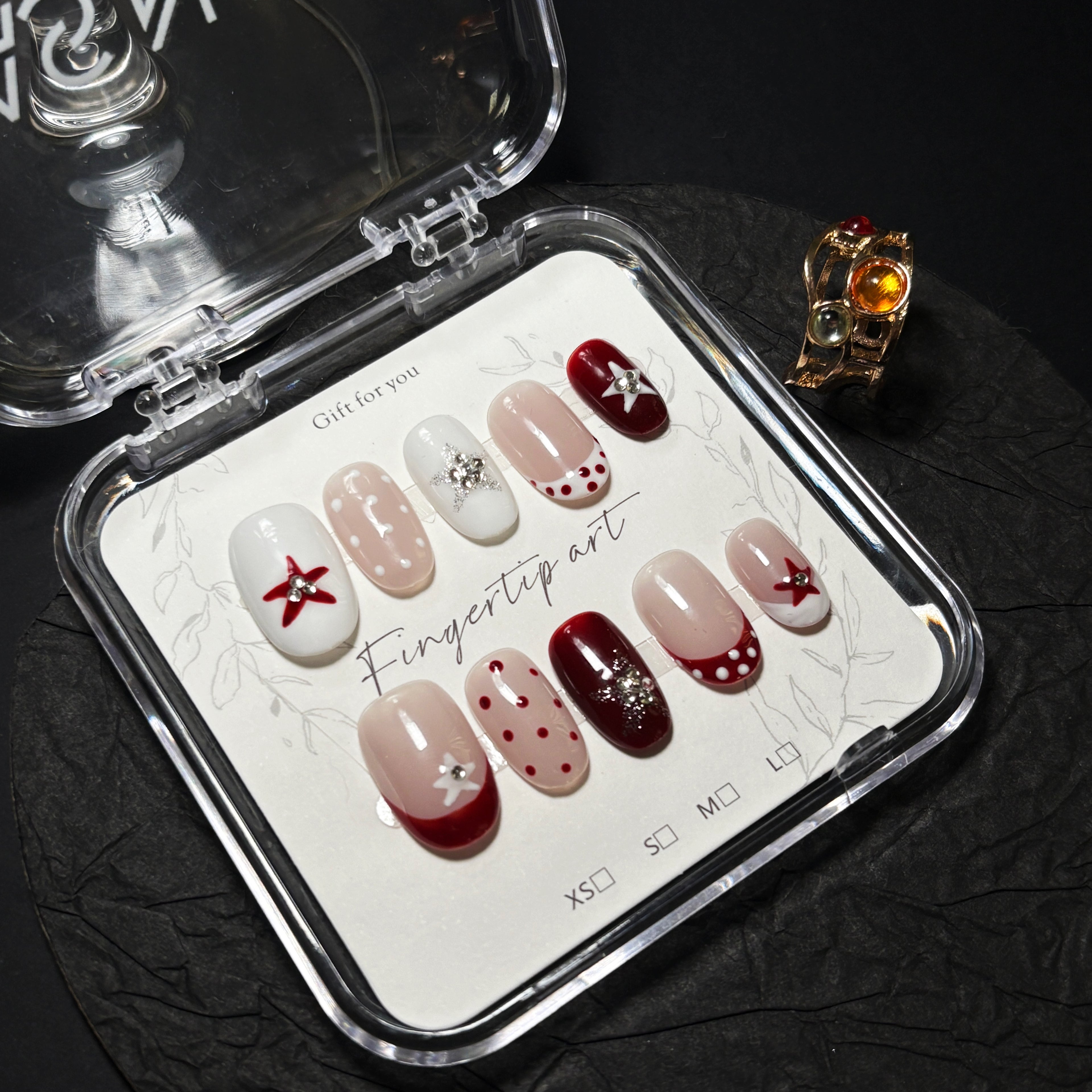 FASNAILS F61 Uñas Postizas Press On Artesanales con Estrellas de Cristales Uñas Almendradas Cortas Diseños Retro de Lunares Rojo y Blanco Manicura Francesa Elegantes Uñas Falsas de Gel Estilo Y2K Kit con Tabs adhesivos para uñas