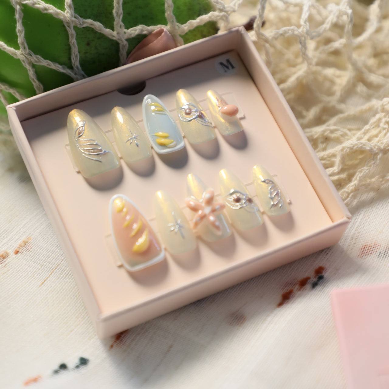 Uñas Press-On Artesanales | Diseño 3D Océano con Conchas y Estrellas  | Set de 10 Piezas con Gel adhesivo | Reutilizables