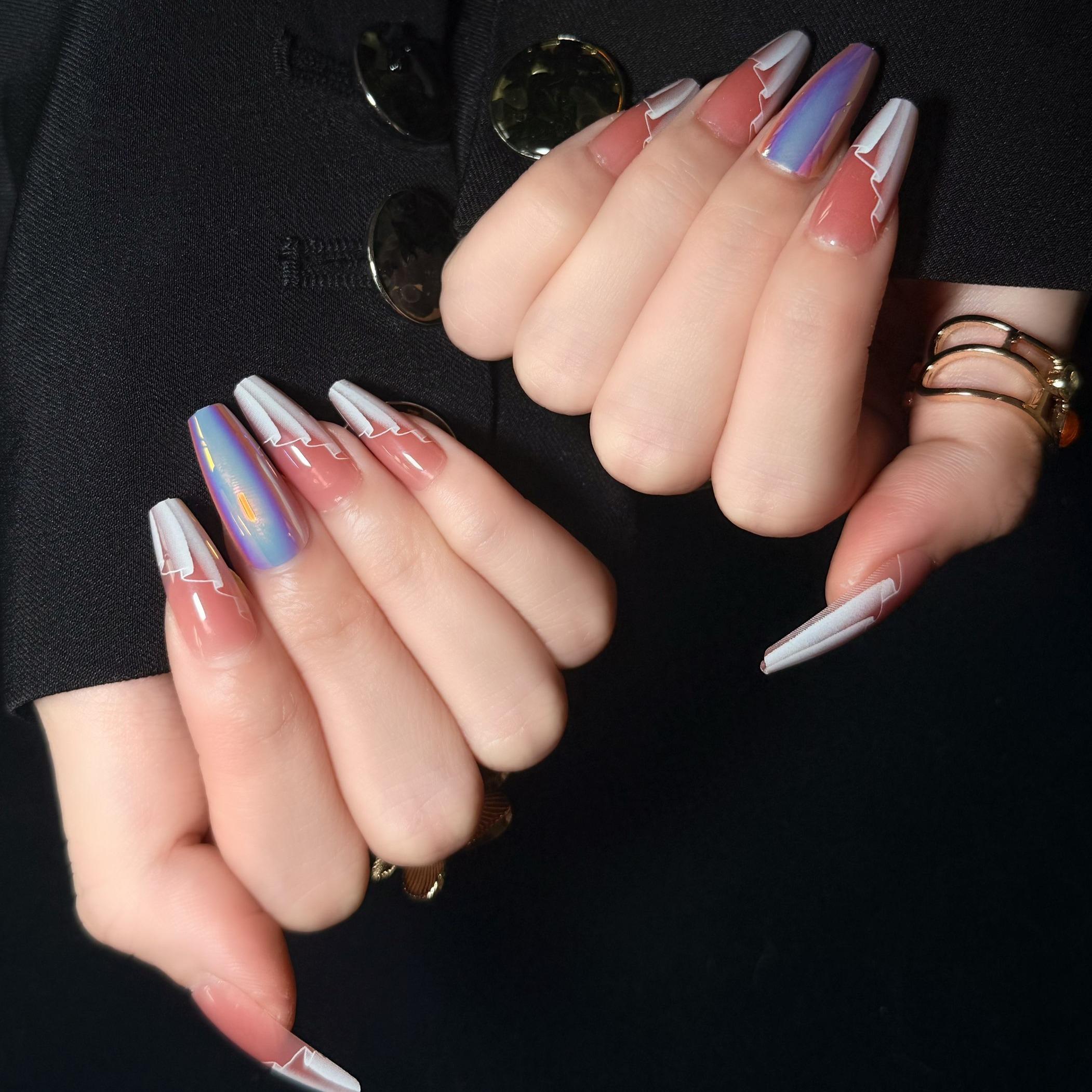 Uñas Press-On Artesanales Francesas Aurora | Diseño Ombré Blanco y Cristales | Set de 30 Piezas con 3 Planillas de Gelatina | Reutilizables de ABS Holográficas