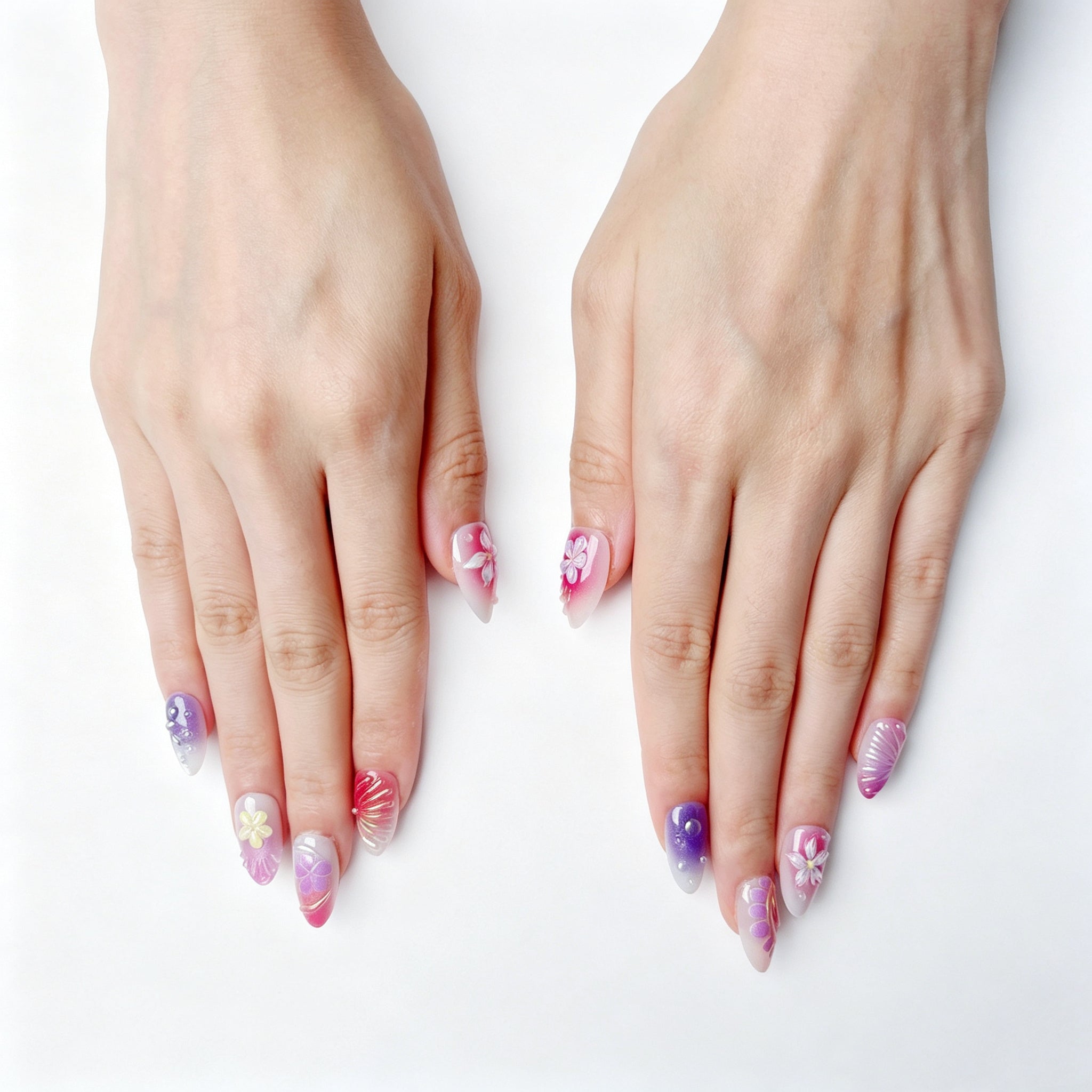 FASNAILS J13 Uñas Postizas Reutilizables de ABS Premium en Degradado de Ensueño con Detalles Florales 3D Exclusivos, Manicura de Salón Instantánea, 24 Piezas en 3 Tallas para un Ajuste Perfecto