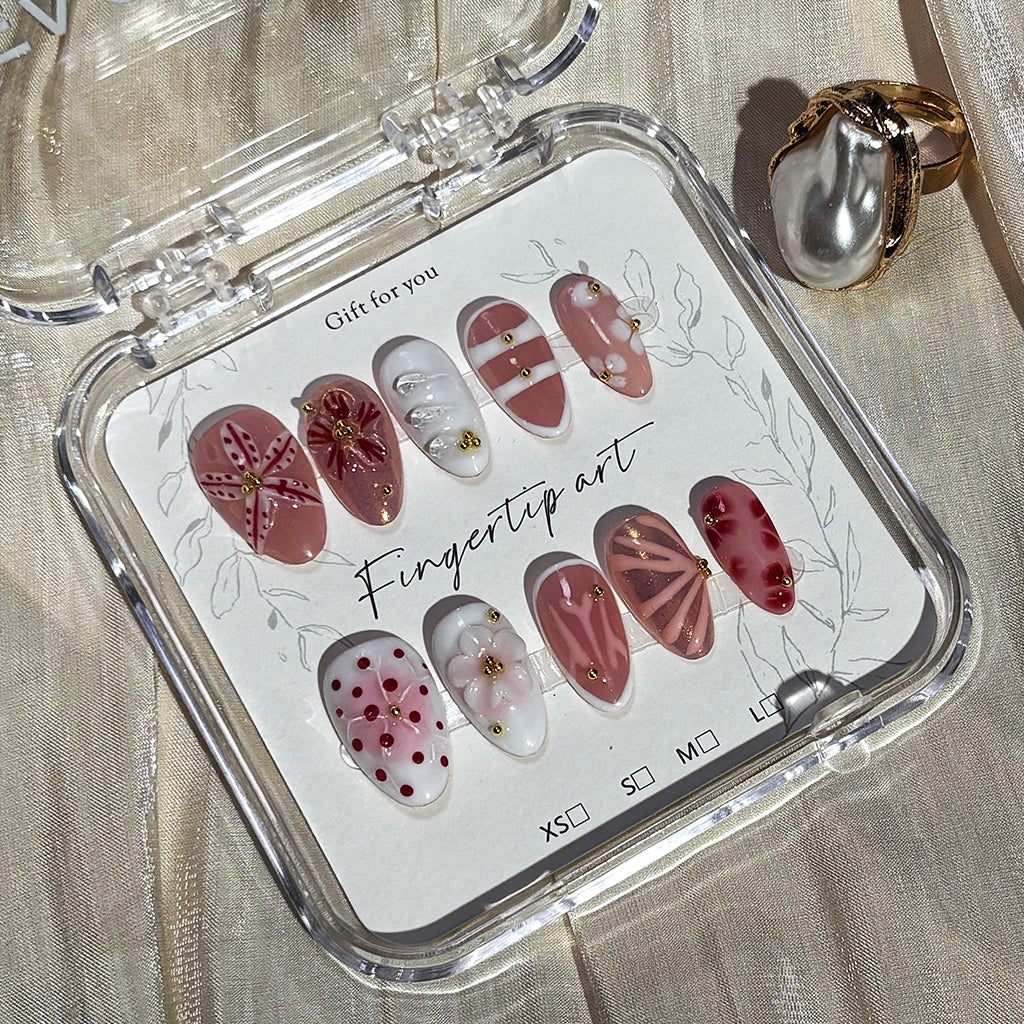 FASNAILS F65 Uñas Postizas Press On Artesanales con Flores 3D Uñas Almendradas Diseños Retro Elegantes de Relieve y Lunares Rojo y Blanco Manicura Francesa Original Regalo para Mujeres Kit con Tabs adhesivos para uñas