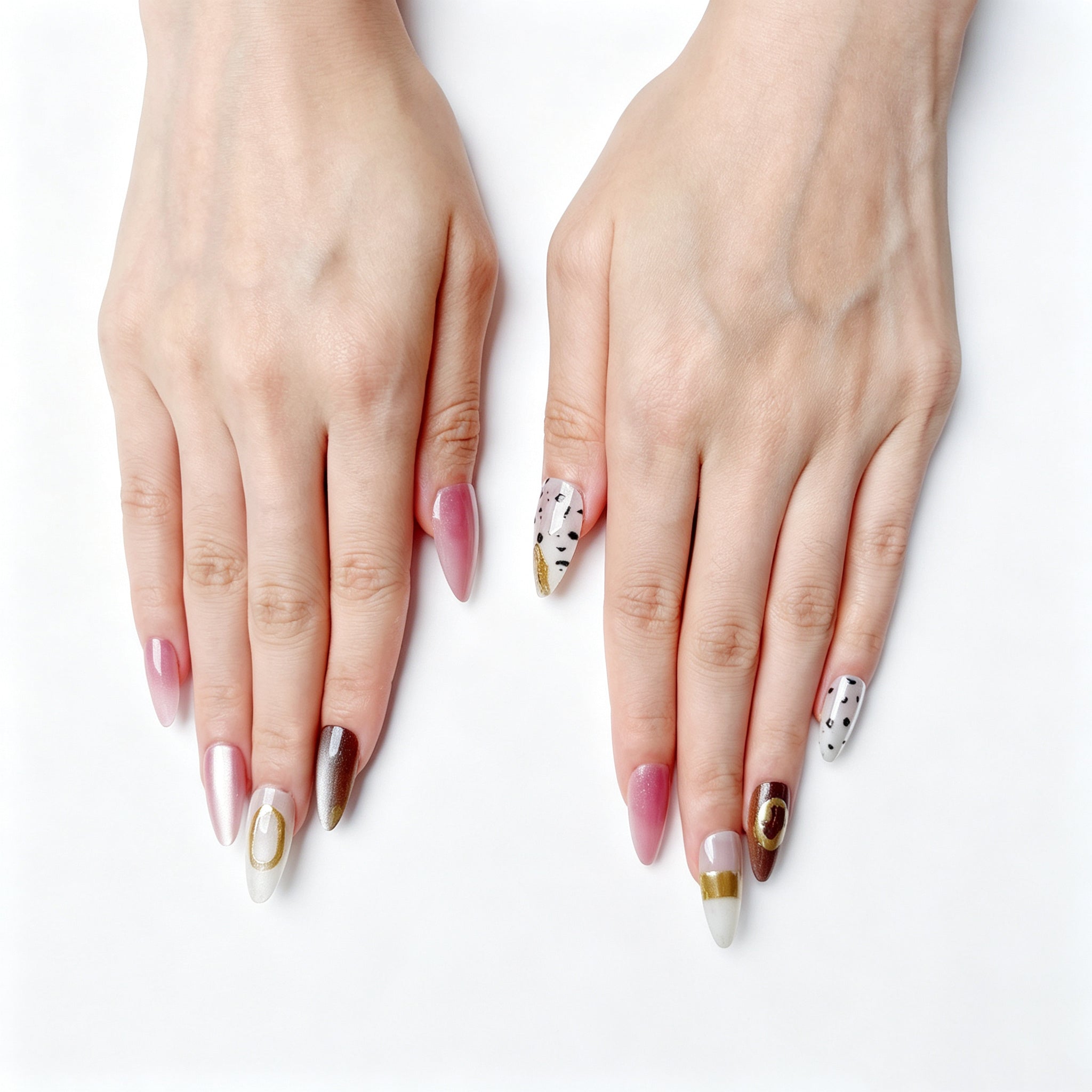 FASNAILS J08 Uñas Postizas Reutilizables de Almendra de Estilo Japonés, Uñas Press On en Rosa Desnudo y Marrón Ojo de Gato con Efecto Huevo de Codorniz y Líneas Doradas Metálicas, Kit de Manicura Rápida de 24 Piezas en 3 Tamaños