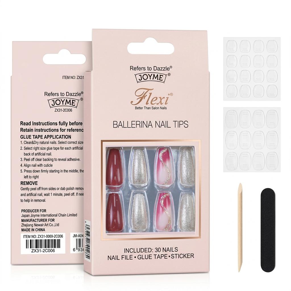 Uñas Press-On Artesanales Vintage de Borgoña y Brillo Dorado | Forma Ballerina/Coffin | Set de 30 Piezas con 3 Planillas de Gelatina | Reutilizables de ABS