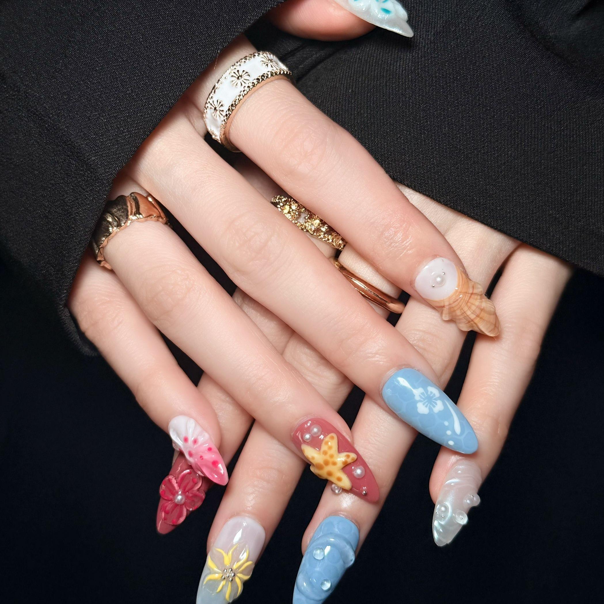 Uñas Press-On 3D Artesanales | Diseño Océano Tropical con Conchas y Estrellas | Set de 10 Piezas con Gel adhesivo | Perfectas para verano y Reutilizables
