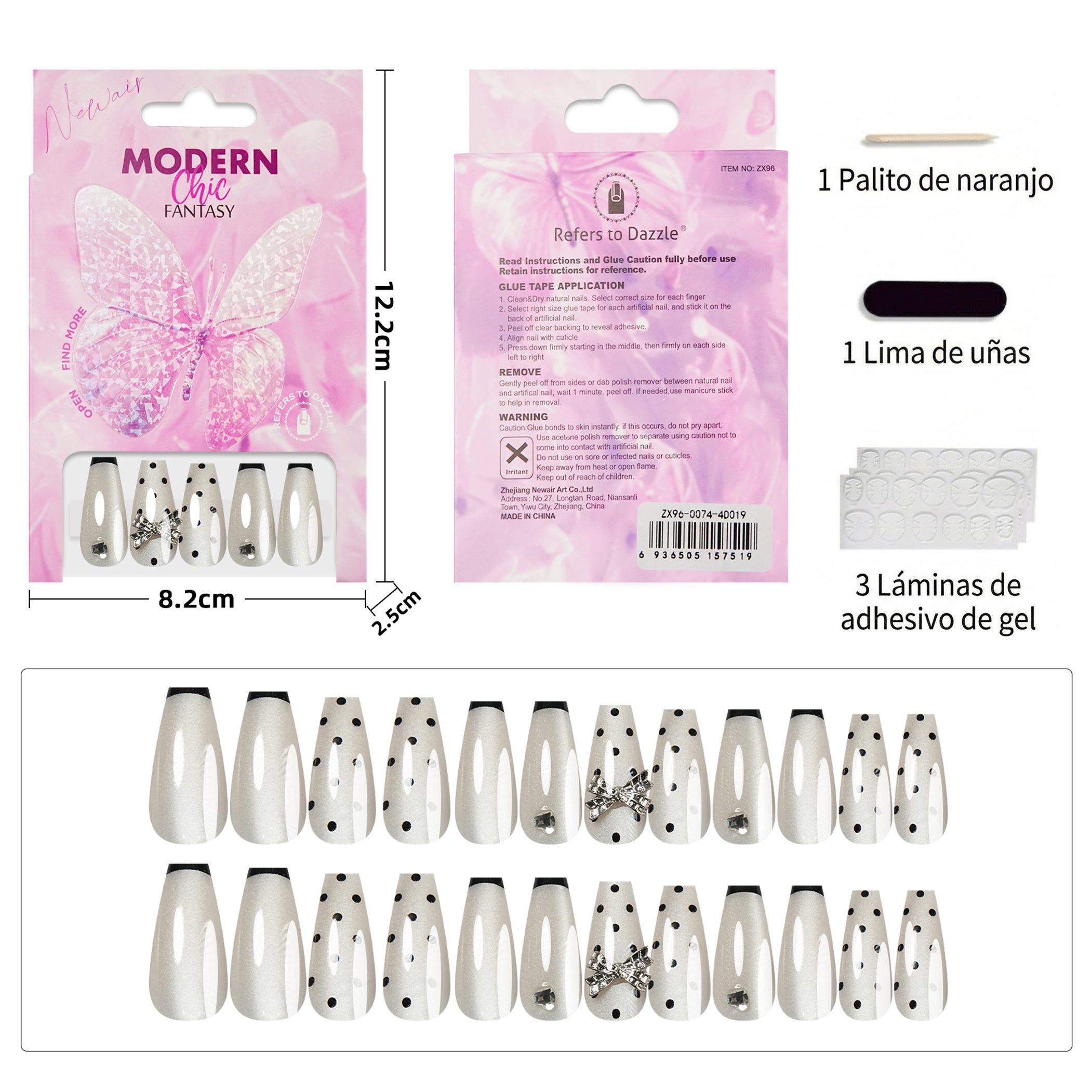 Uñas Press-On Artesanales Francesas con Lunares | Diseño 3D de Moño y Gema | Set de 24 Piezas con Pegamento de Gelatina | Reutilizables de Lujo