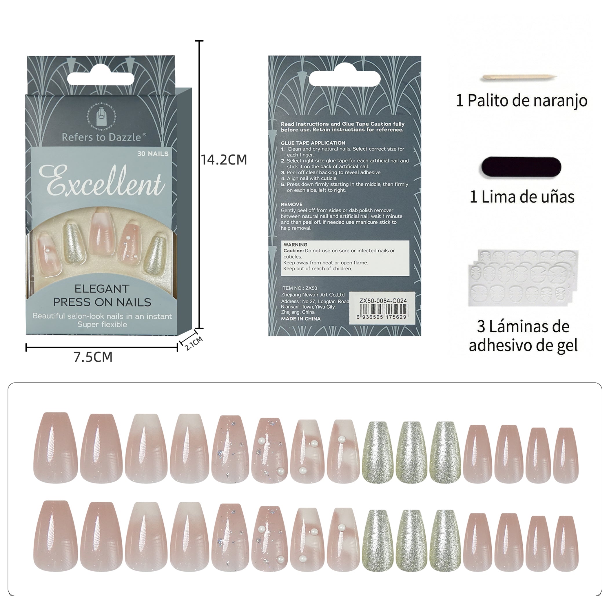 Uñas Press-On Artesanales de Hada Nude | Diseño Ballerina con Perlas 3D y Brillo Plateado | Set de 30 Piezas con 2 Planillas de Gelatina | Reutilizables de Lujo