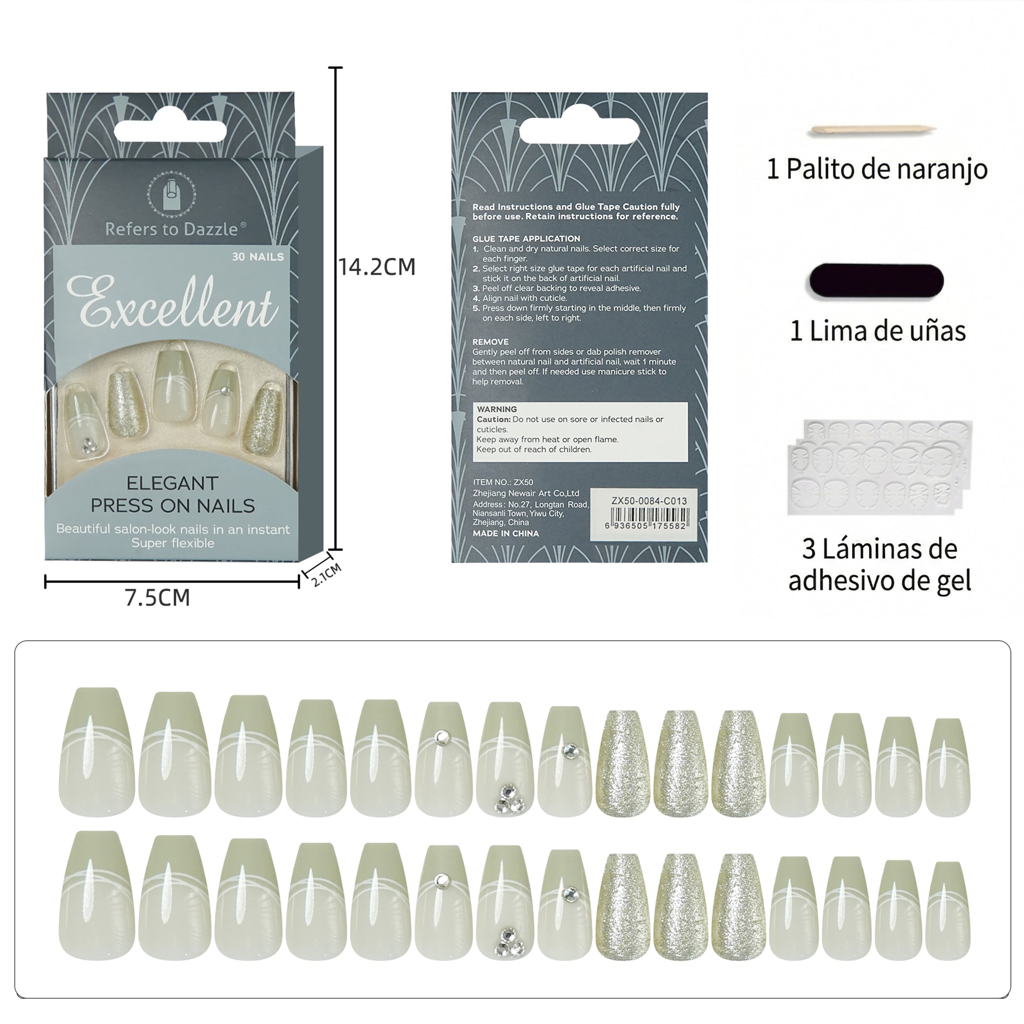 Uñas Press-On Artesanales Verde Matcha | Elegante Degradado y Arte de Líneas Blancas | Set de 30 Piezas con 3 Planillas de Gelatina | Reutilizables de ABS de Lujo