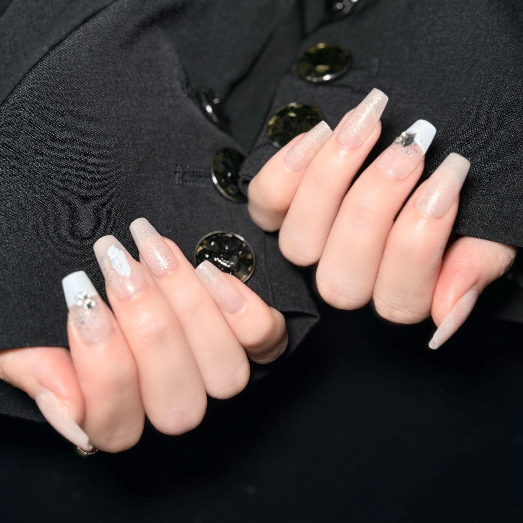 Uñas Press-On Artesanales Brillo Gélido | Elegante Diseño Ballerina Nude | Set de 24 Piezas con Gelatina Premium | Reutilizables de ABS de Lujo