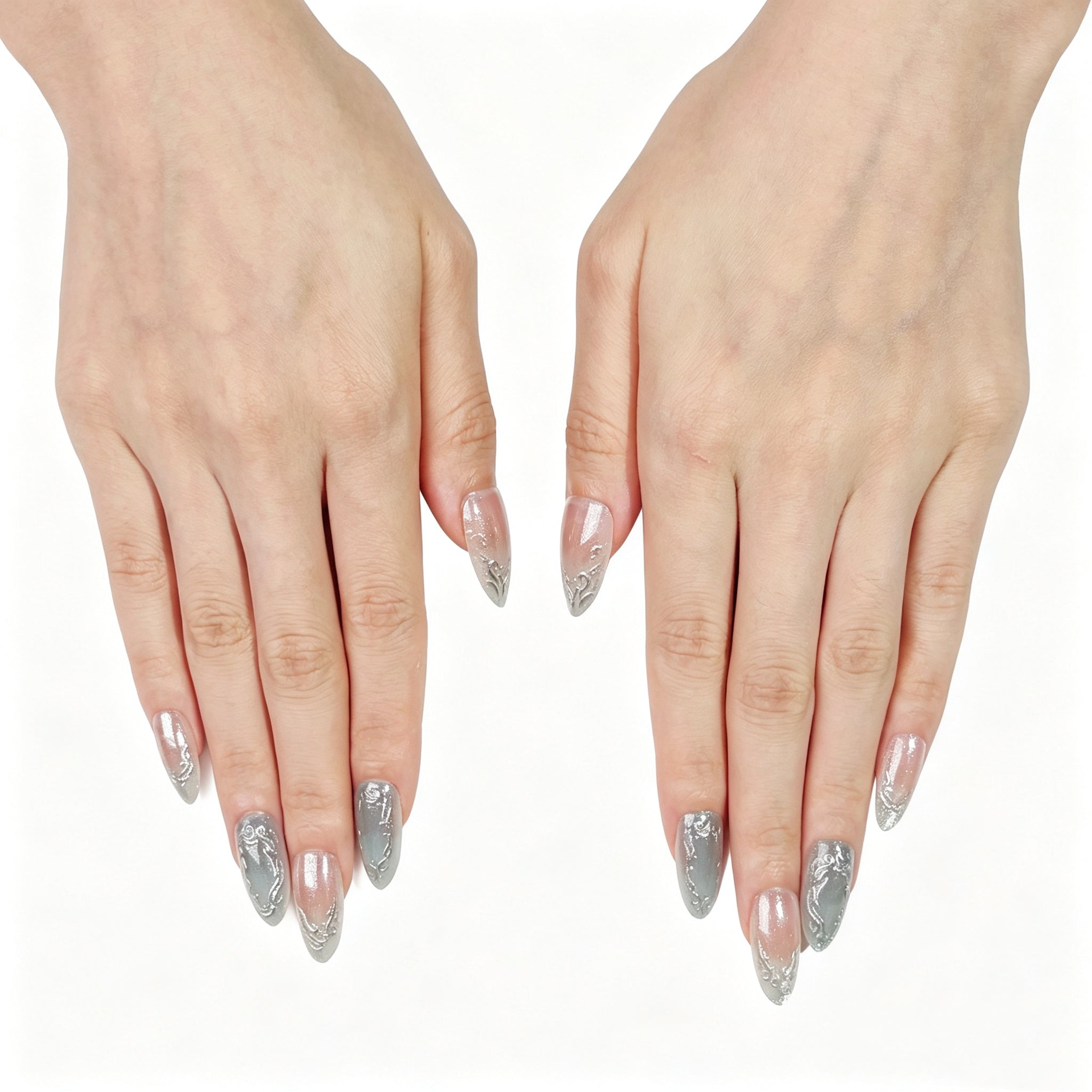 FASNAILS J06 Uñas Postizas Reutilizables de Almendra con Efecto de Metal Líquido 3D, Uñas Press On Plateadas y Azul Glacial con Brillo de Diamante, Kit de Manicura Rápida Futurista Y2K en Minutos, Incluye 24 Piezas en 3 Tamaños Diferentes