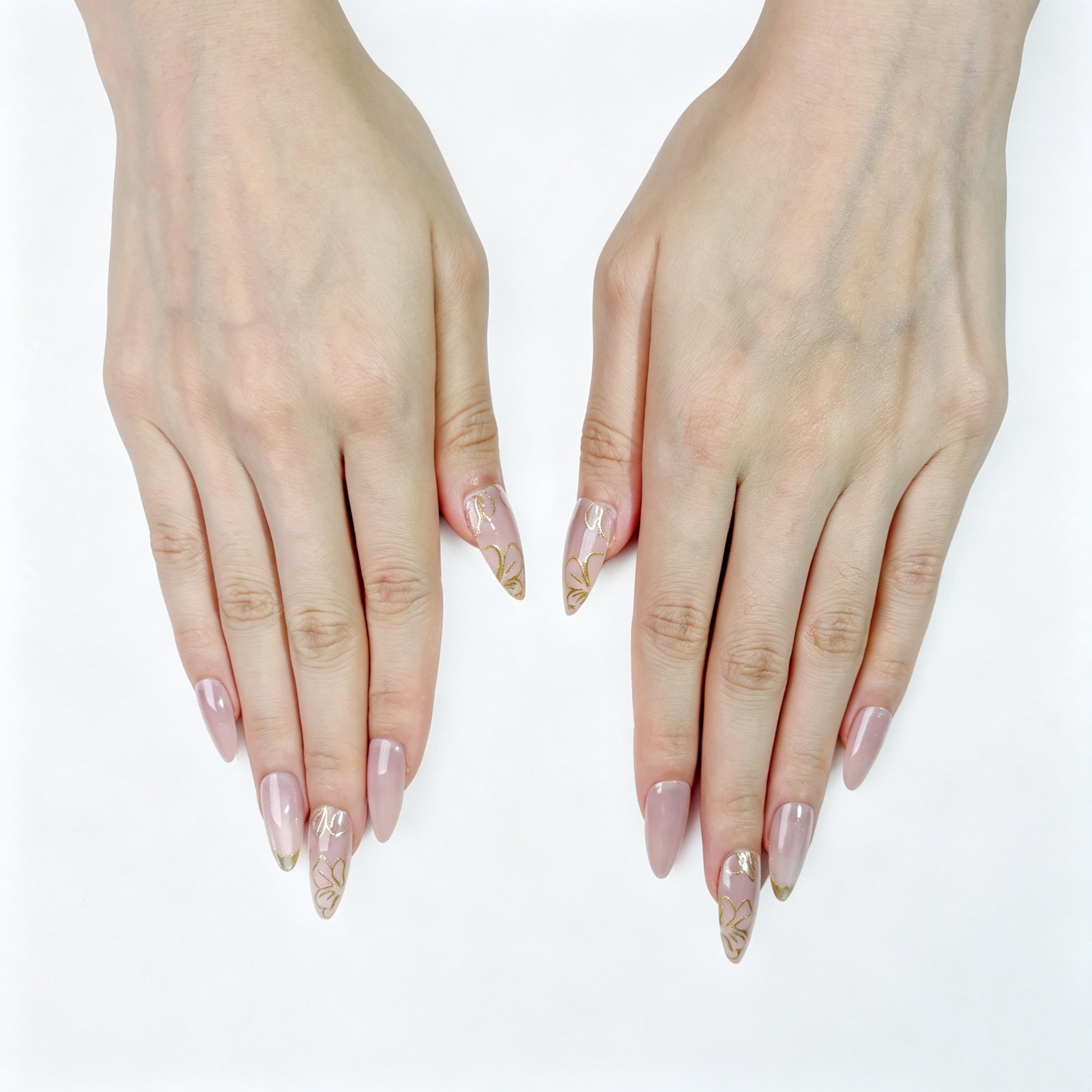 FASNAILS J23 Uñas Postizas Reutilizables de Almendra Largo en Rosa Perlado, Uñas Press On con Elegantes Líneas Doradas de Flores y Brillo Transparente, Kit de Manicura Rápida Estilo Hada Romanticismo, Incluye 24 Piezas