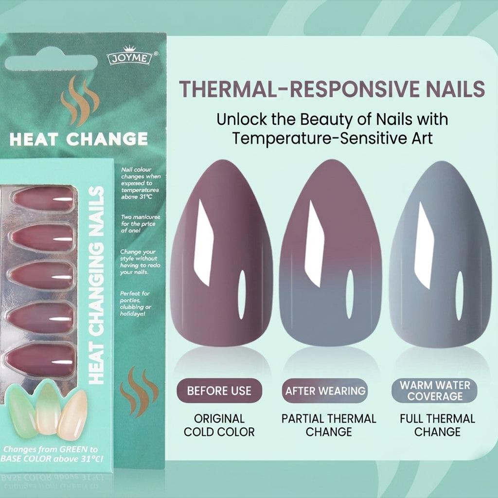 Uñas Press-On Artesanales con Cambio de Color Térmico | Set de 24 Piezas | Uñas Mágicas "Moody" | De Nude a Azul-Gris | Reutilizables de ABS con Gelatina
