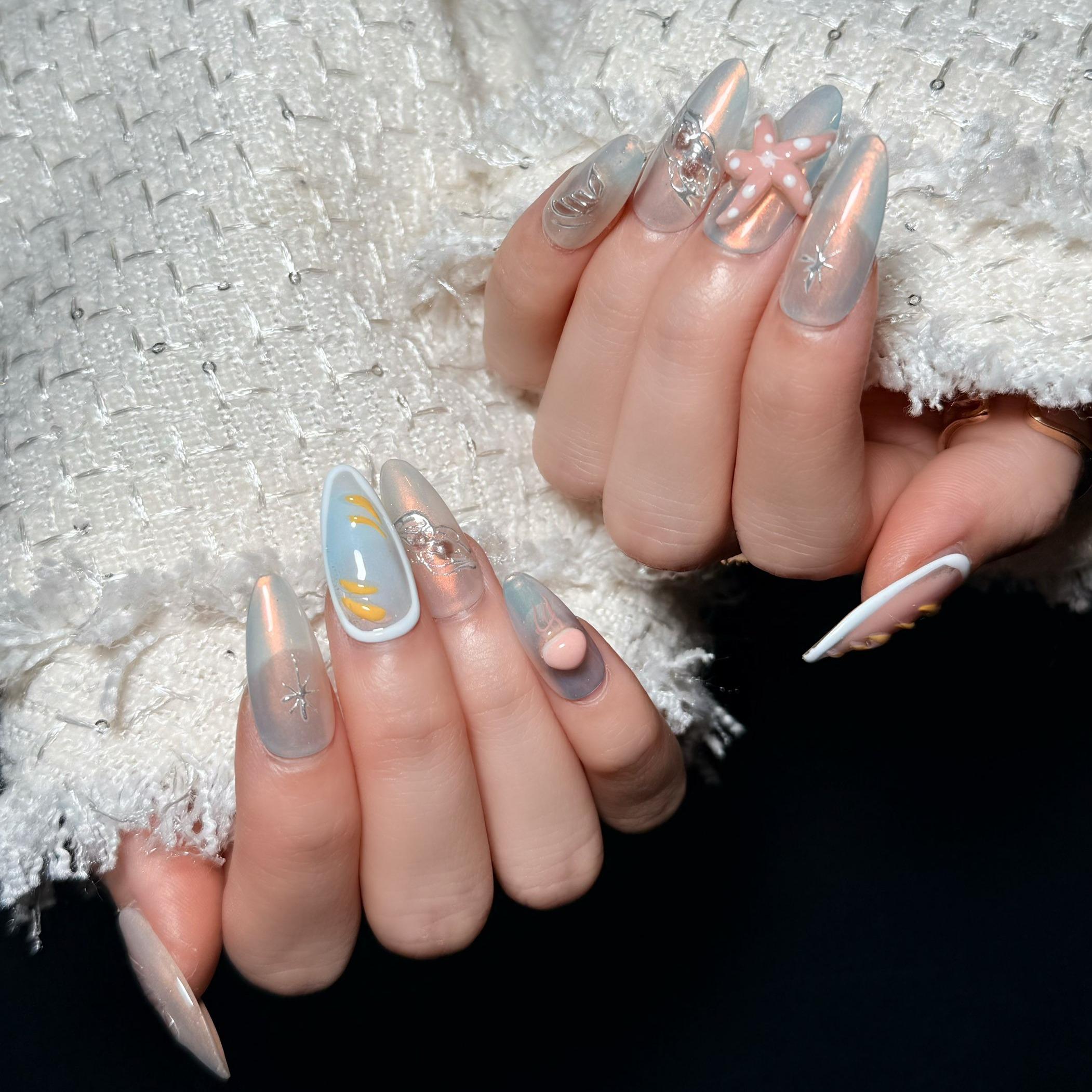 Uñas Press-On Artesanales | Diseño 3D Océano con Conchas y Estrellas  | Set de 10 Piezas con Gel adhesivo | Reutilizables