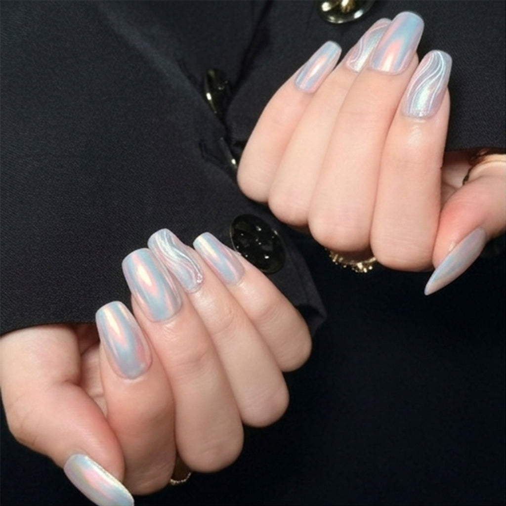 Uñas Press-On Artesanales| Diseño Brillo Aurora | Set de 10 Piezas con Gel Adhesivo | Reutilizables