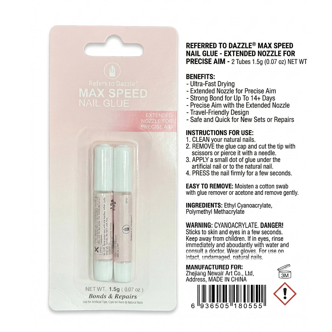 Pegamento para Uñas de Máxima Velocidad | Adhesivo Extra Fuerte para Uñas Press-On | Larga Duración y Boquilla de Precisión | Set de 2 Piezas x 1.5g