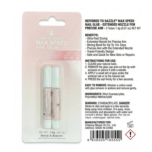 Pegamento para Uñas de Máxima Velocidad | Adhesivo Extra Fuerte para Uñas Press-On | Larga Duración y Boquilla de Precisión | Set de 2 Piezas x 1.5g