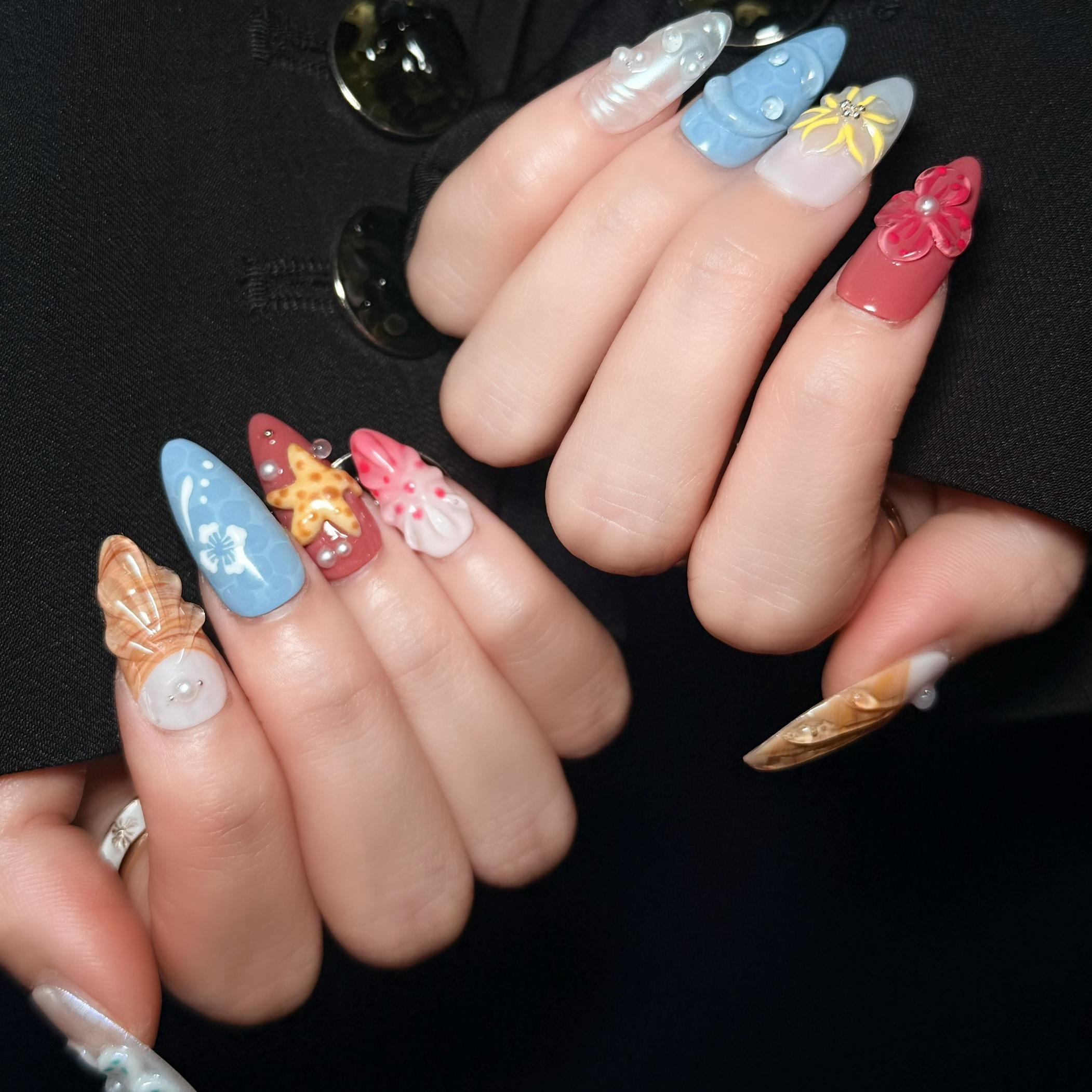 Uñas Press-On 3D Artesanales | Diseño Océano Tropical con Conchas y Estrellas | Set de 10 Piezas con Gel adhesivo | Perfectas para verano y Reutilizables