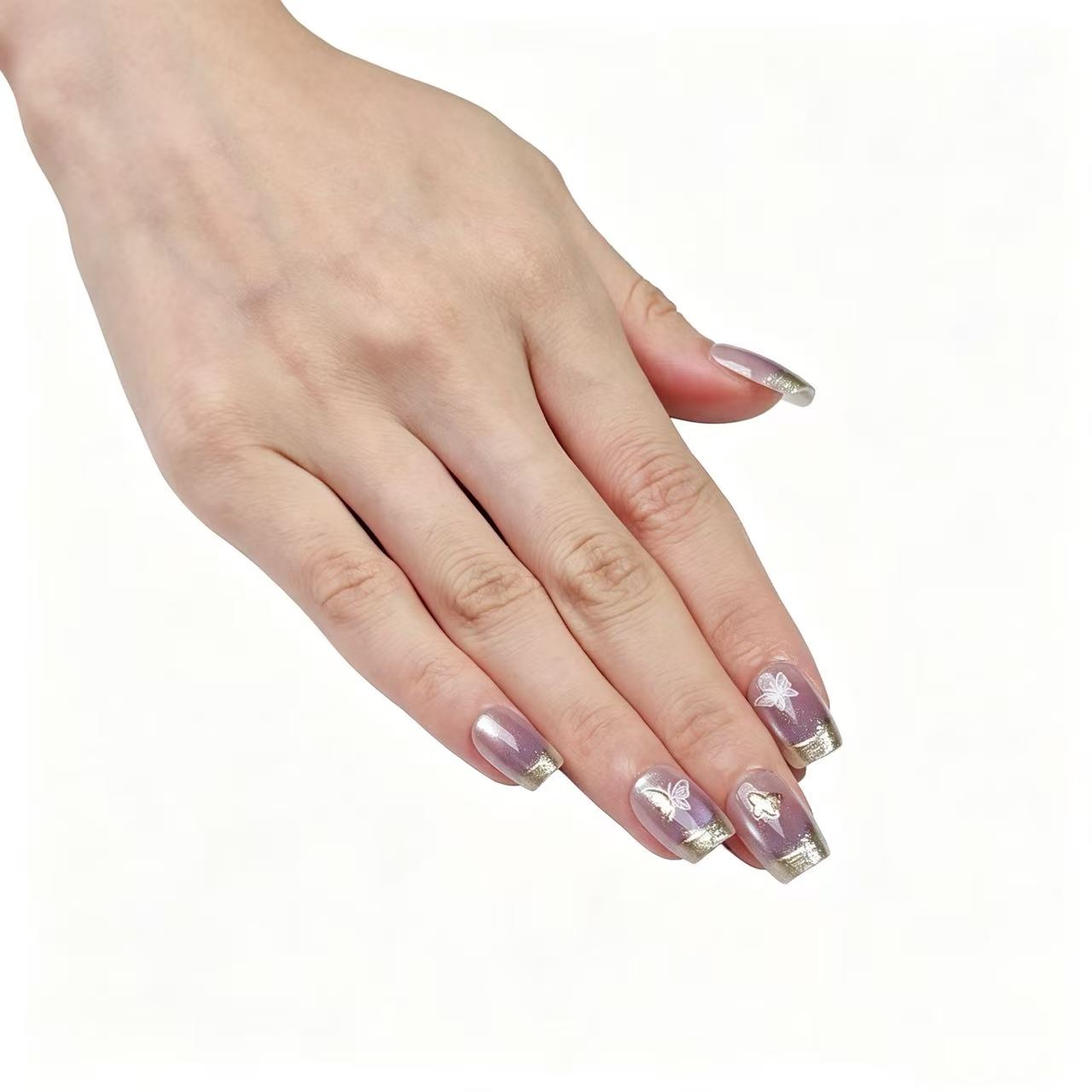 FASNAILS J11 Uñas Postizas Reutilizables Cortas Cuadradas con Ojo de Gato Morado Lila, Uñas Press On Francesas con Borde Dorado Espejo y Diseños de Mariposas Elegantes, Kit de Manicura Rápida de Hada Aesthetic, Incluye 24 Piezas