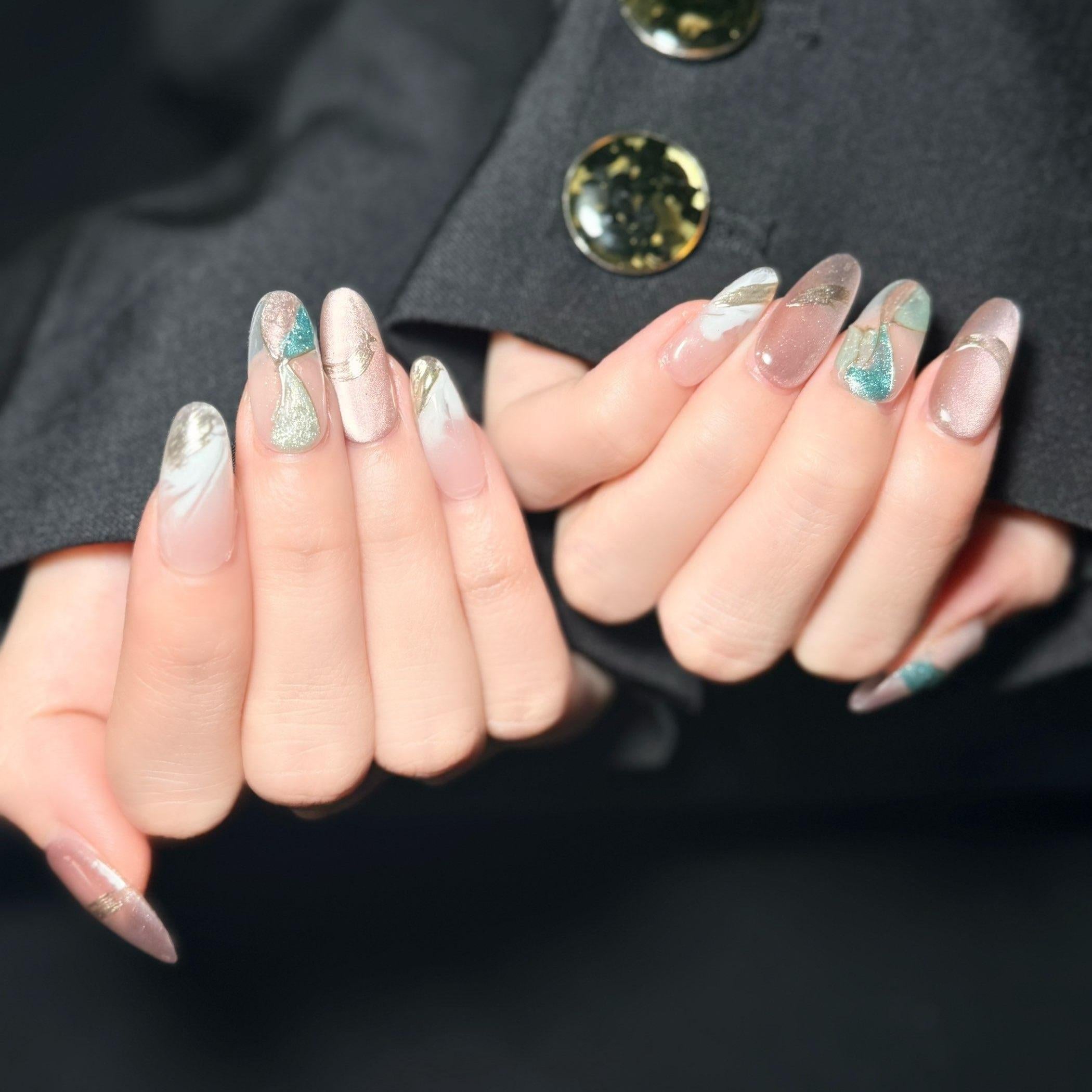 Uñas Press-On Artesanales | Diseño Aurora de Mármol y Metalizado | Set de 10 Piezas con Gel adhesivo | Reutilizables