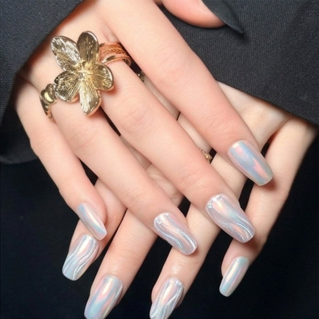 Uñas Press-On Artesanales| Diseño Brillo Aurora | Set de 10 Piezas con Gel Adhesivo | Reutilizables