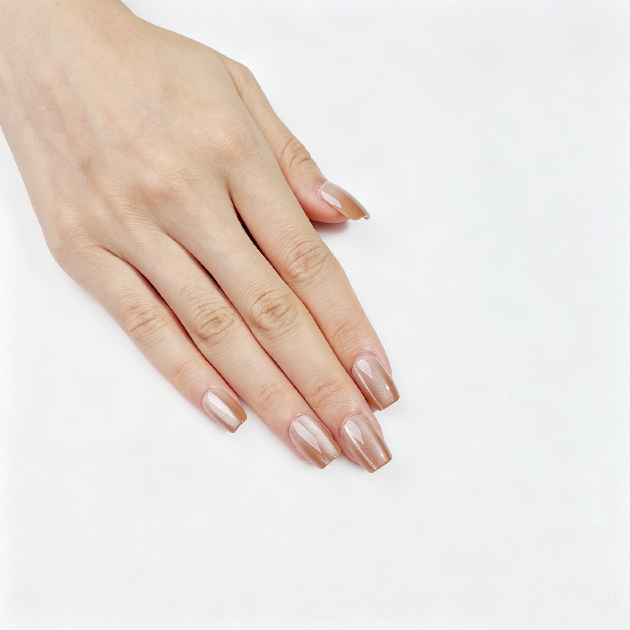FASNAILS J17 Uñas Postizas Reutilizables Cortas Cuadradas con Efecto Degradado Ombré y Ojo de Gato Marrón Nude, Uñas Press On Glaseadas Tono Café con Brillo Elegante, Kit de Manicura Rápida de 24 Piezas en 3 Tamaños