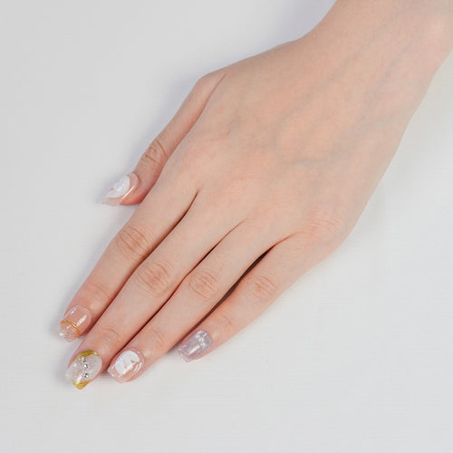 Fasnails Uñas Postizas Press On con Flores Blancas y Hoja de Oro Uñas Cuadradas Cortas Nude Rosado con Perlas y Brillos Elegantes Uñas Falsas Reutilizables de Gel para Novias Bodas Kit con Pegamento
