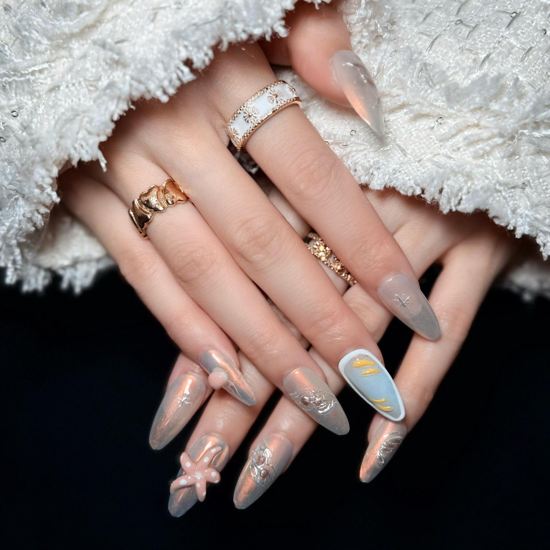 Uñas Press-On Artesanales | Diseño 3D Océano con Conchas y Estrellas  | Set de 10 Piezas con Gel adhesivo | Reutilizables