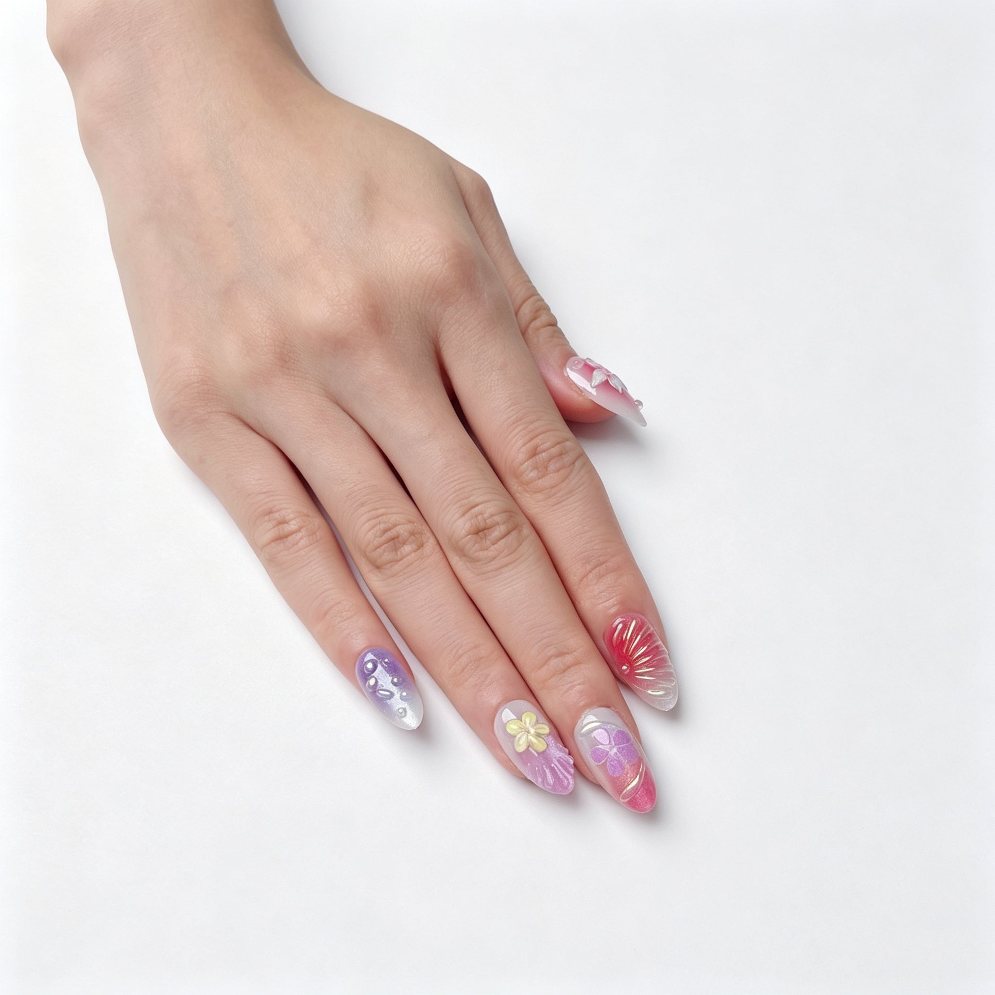 FASNAILS J13 Uñas Postizas Reutilizables de ABS Premium en Degradado de Ensueño con Detalles Florales 3D Exclusivos, Manicura de Salón Instantánea, 24 Piezas en 3 Tallas para un Ajuste Perfecto