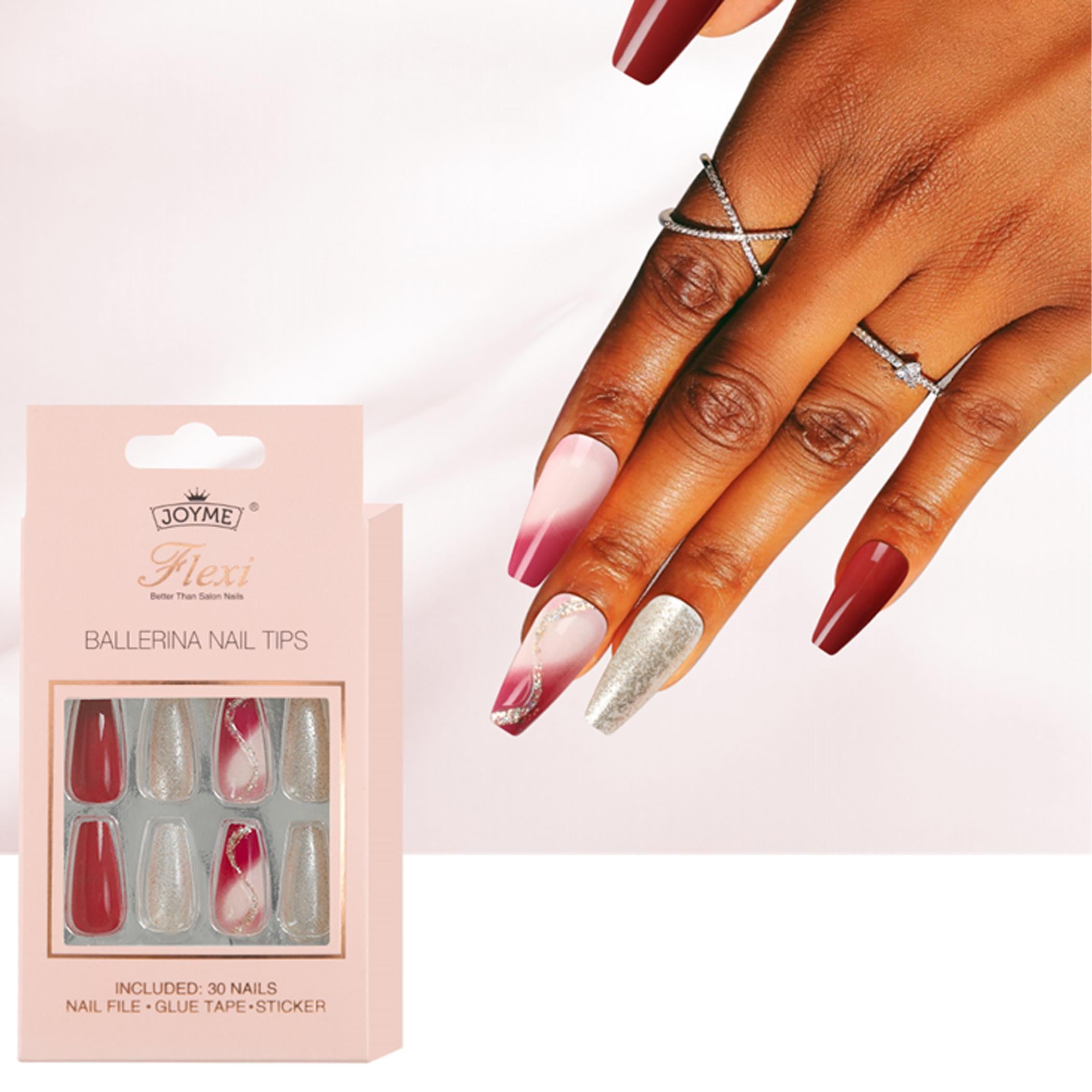 Uñas Press-On Artesanales Vintage de Borgoña y Brillo Dorado | Forma Ballerina/Coffin | Set de 30 Piezas con 3 Planillas de Gelatina | Reutilizables de ABS