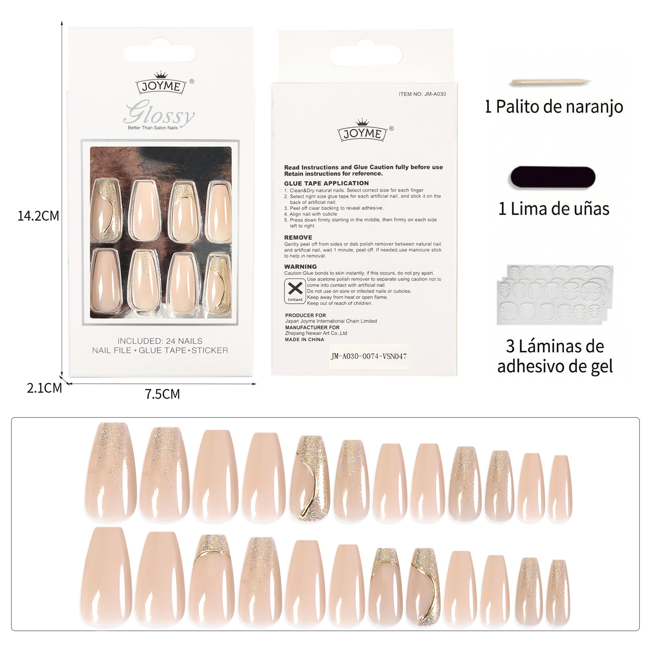 Uñas Press-On Artesanales Nude con Brillo Dorado | Forma Ataúd (Coffin) | 24 Piezas con Pegamento de Gelatina Premium | No Daña y es Reutilizable | Manicura en 3 Minutos