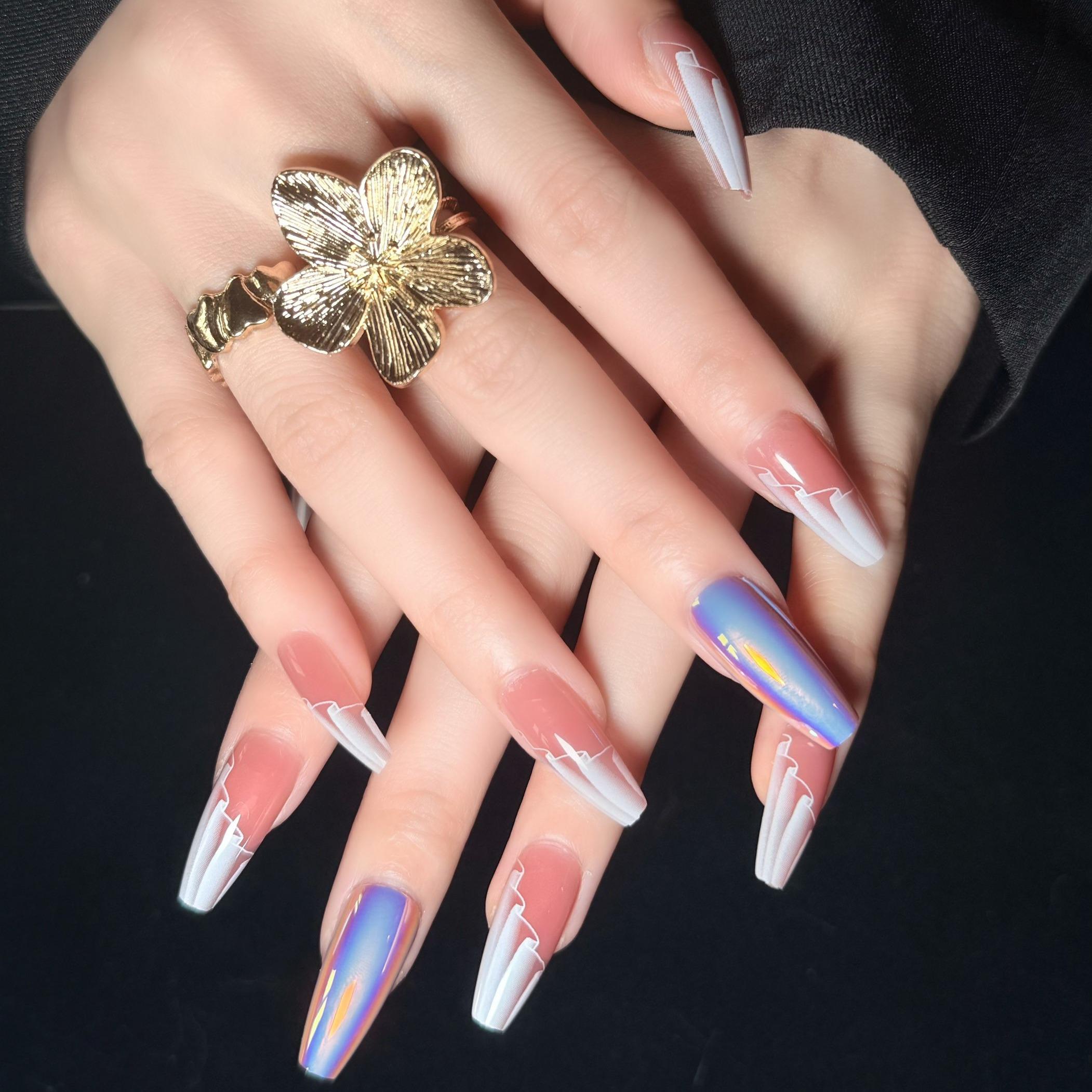 Uñas Press-On Artesanales Francesas Aurora | Diseño Ombré Blanco y Cristales | Set de 30 Piezas con 3 Planillas de Gelatina | Reutilizables de ABS Holográficas