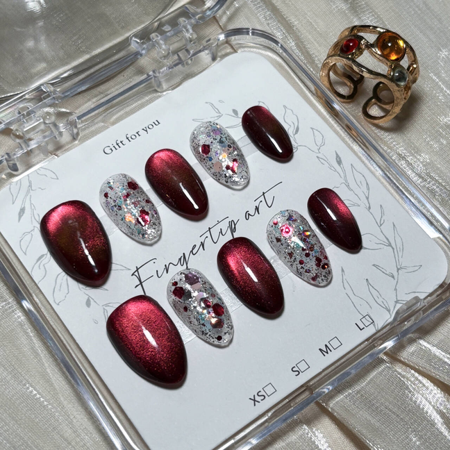 FASNAILS F73 Uñas Postizas Press On Artesanales Ojo de Gato Color Vino Uñas Almendradas Diseños Elegantes con Glitter y Lentejuelas Brillantes Efecto Piel Blanca Uñas Falsas de Gel Kit con Tabs adhesivos para uñas