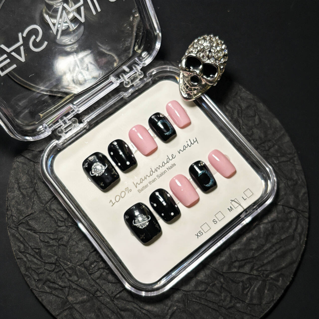 Fasnails F31 Uñas Postizas Press On de Galaxia y Planetas Uñas Cuadradas Cortas Negro y Rosa Pastel Diseños de Luna Luna Nueva Ojo de Gato Lunares Estilo Y2K Grunge Elegantes Uñas Falsas de Gel Kit con Tabs adhesivos para uñas