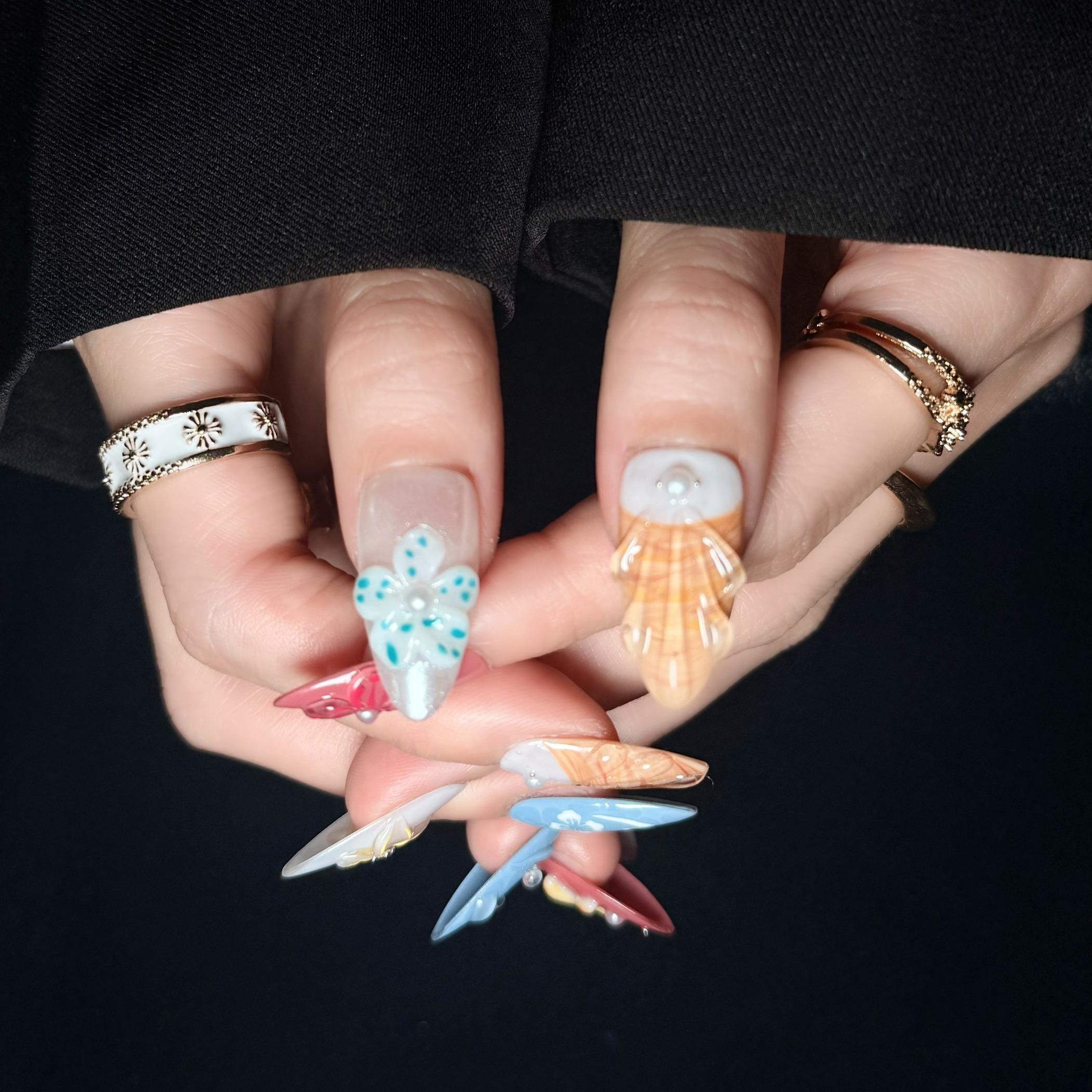 Uñas Press-On 3D Artesanales | Diseño Océano Tropical con Conchas y Estrellas | Set de 10 Piezas con Gel adhesivo | Perfectas para verano y Reutilizables