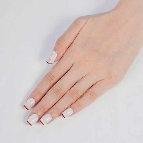 FASNAILS F12 Uñas Postizas Press On Artesanales Micro Francesa Roja Uñas Cuadradas Cortas Blanco Leche Transparente Minimalistas Elegantes Estilo Clean Girl Gel Kit Tabs adhesivos para uñas