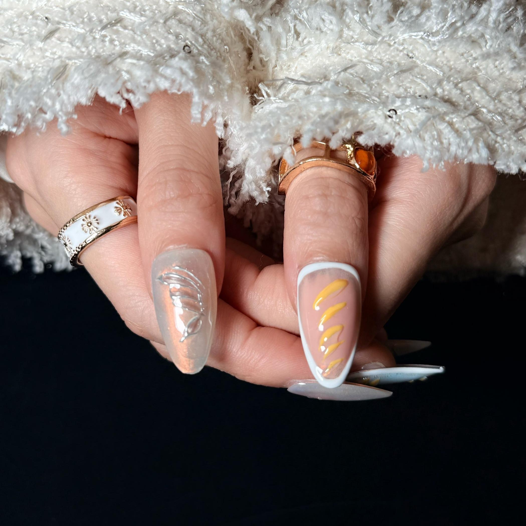 Uñas Press-On Artesanales | Diseño 3D Océano con Conchas y Estrellas  | Set de 10 Piezas con Gel adhesivo | Reutilizables
