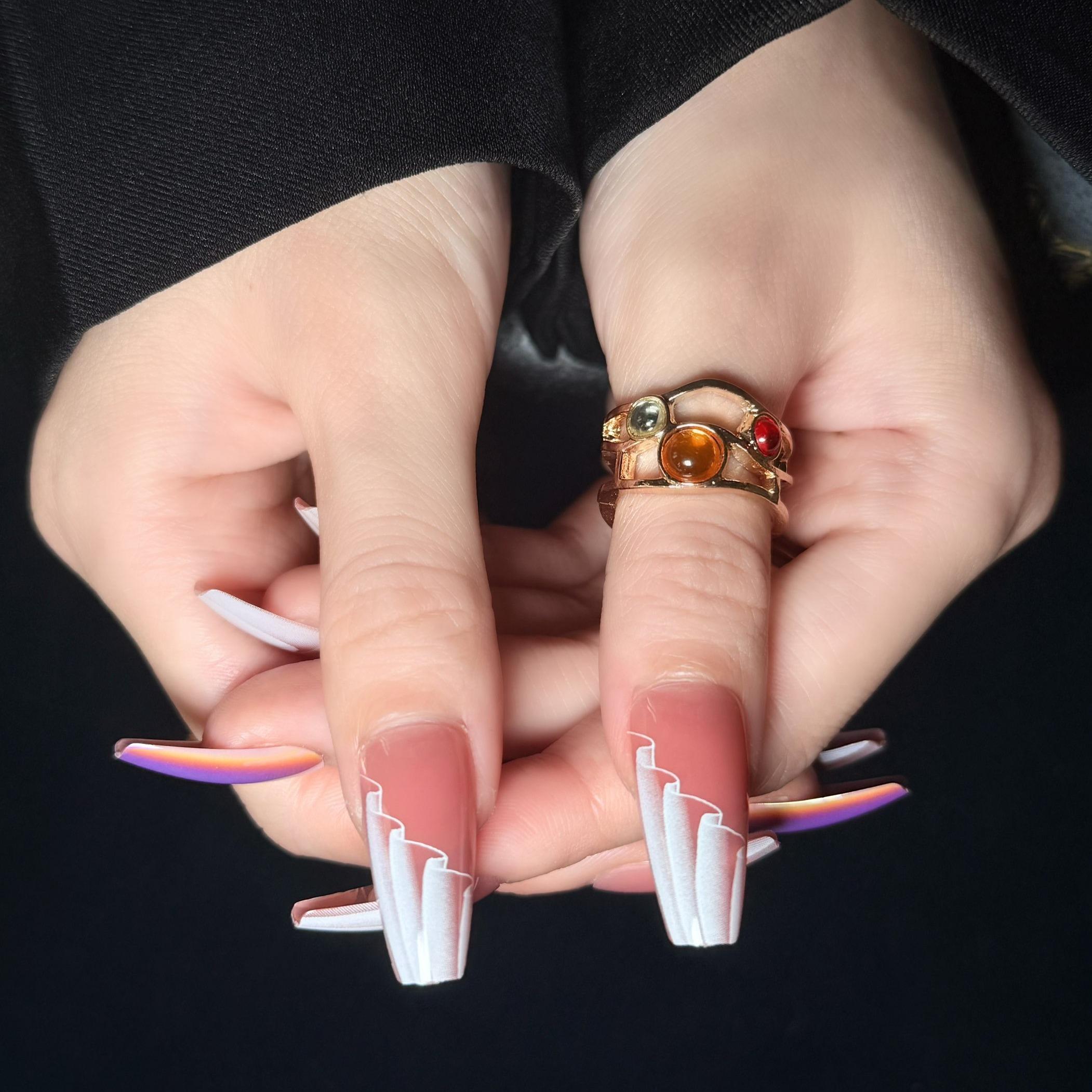 Uñas Press-On Artesanales Francesas Aurora | Diseño Ombré Blanco y Cristales | Set de 30 Piezas con 3 Planillas de Gelatina | Reutilizables de ABS Holográficas