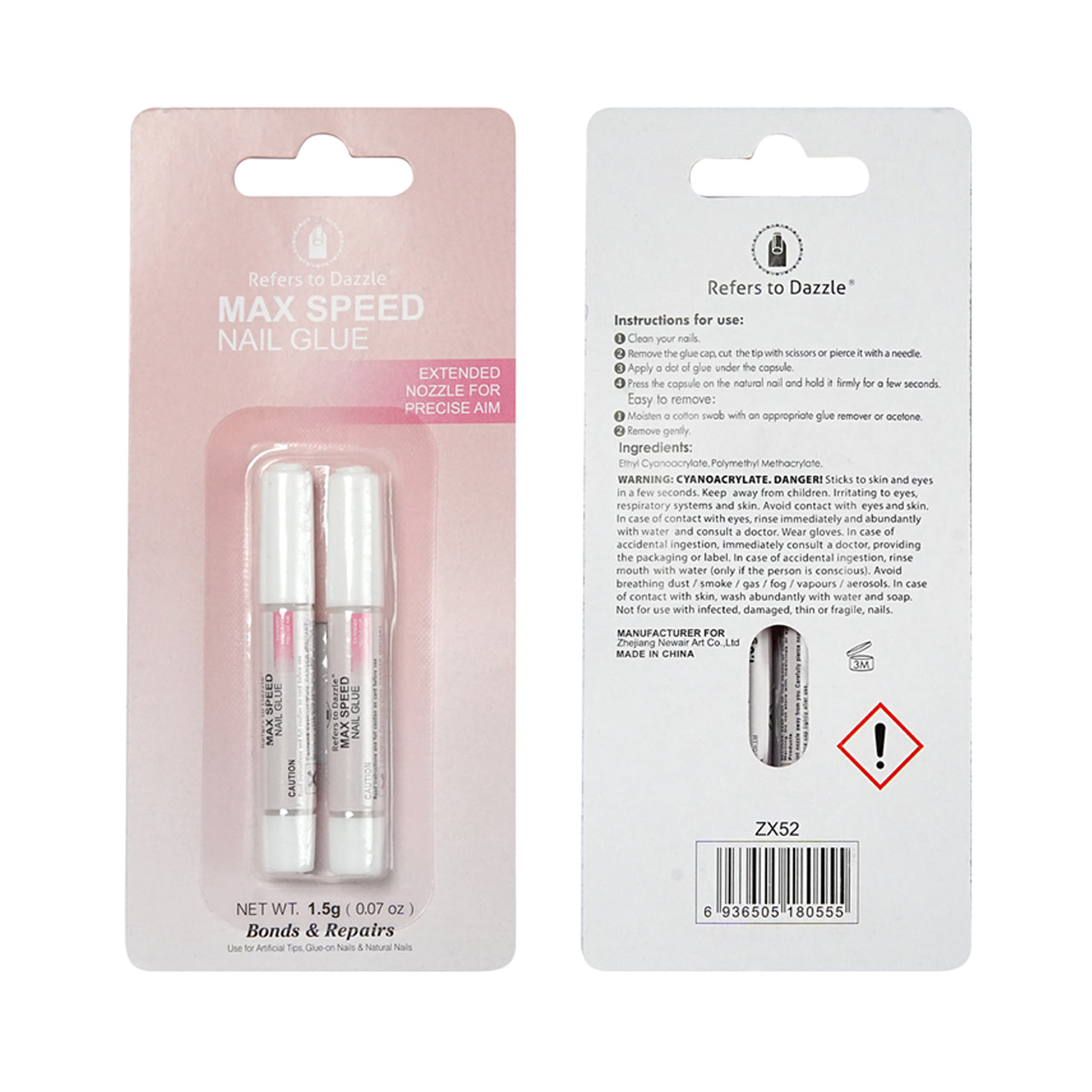 Pegamento para Uñas de Máxima Velocidad | Adhesivo Extra Fuerte para Uñas Press-On | Larga Duración y Boquilla de Precisión | Set de 2 Piezas x 1.5g