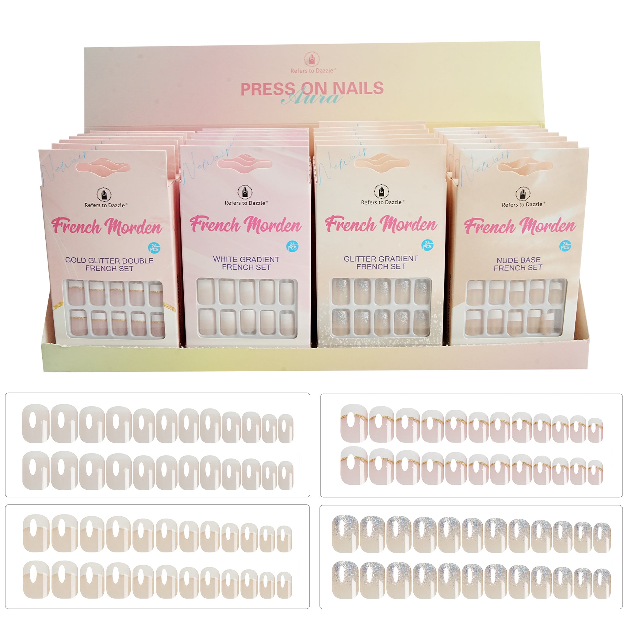 Uñas Press-On Artesanales Francesas Modernas | Combo de 4 Estilos de Lujo | Set de 24 Piezas con Pegamento de Gelatina | Reutilizables de ABS Elegantes