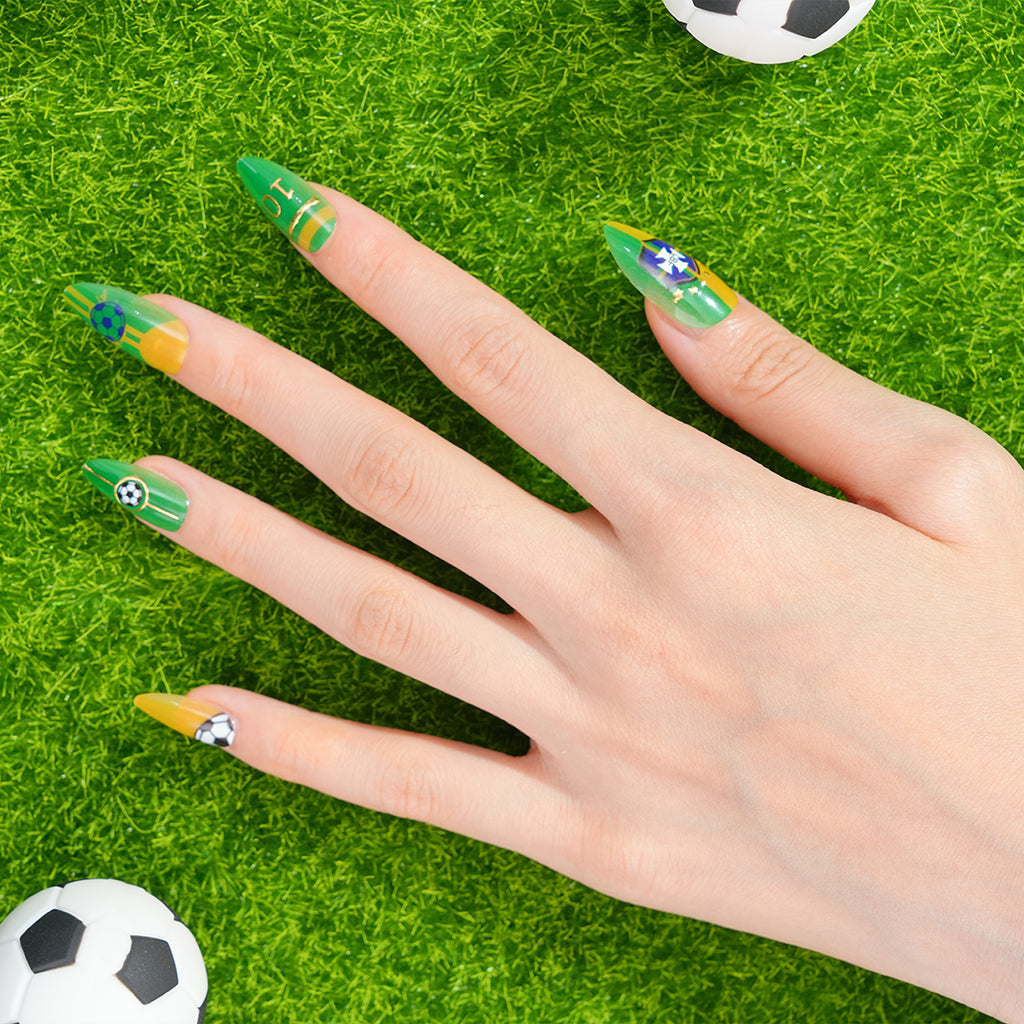 Uñas Press On artesanales del Mundial | Set de 24 piezas Reutilizables | Estilo Selección Brasileña Samba Neymar #10 *2 Modelos | Producto para Fans del Fútbol