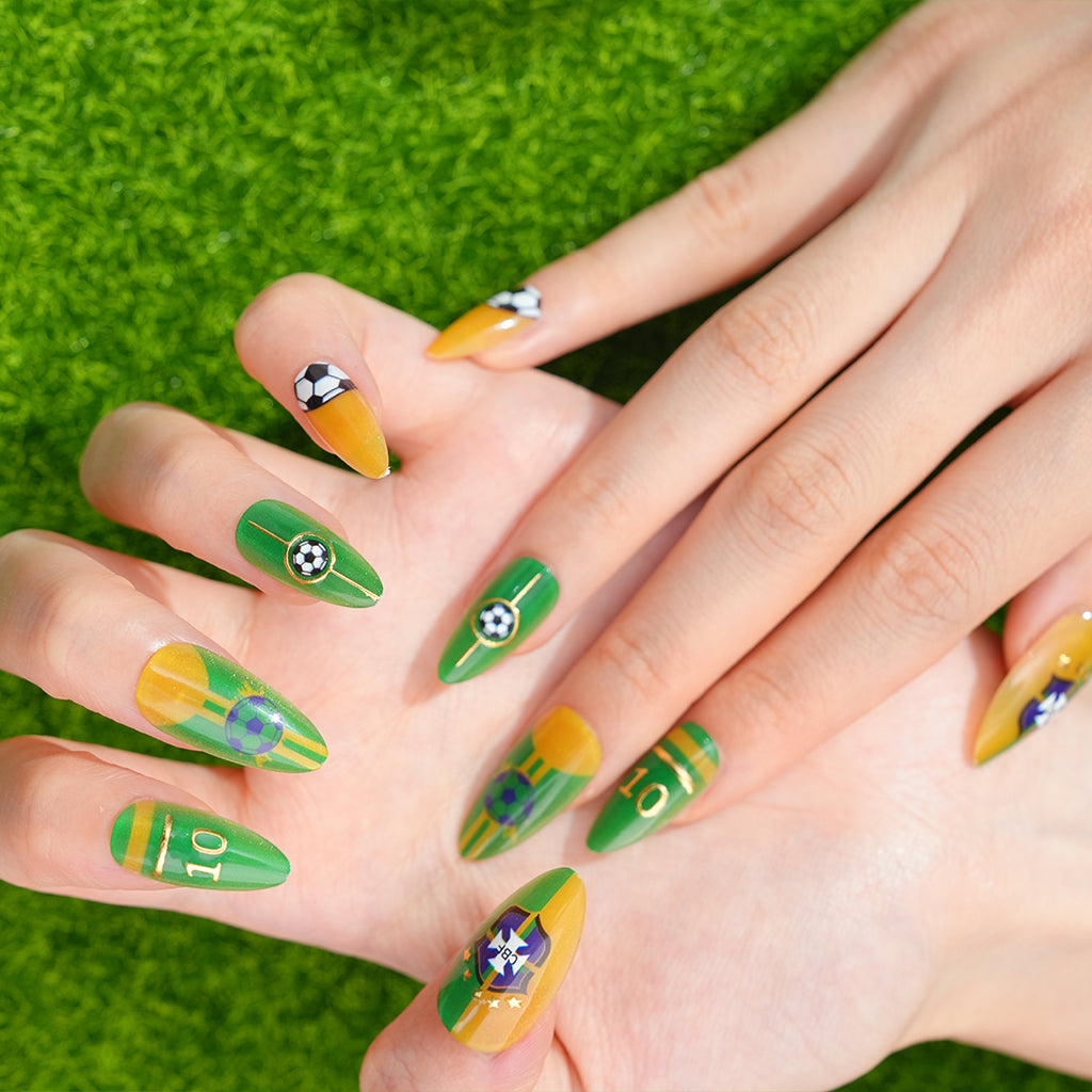 Uñas Press On artesanales del Mundial | Set de 24 piezas Reutilizables | Estilo Selección Brasileña Samba Neymar #10 *2 Modelos | Producto para Fans del Fútbol
