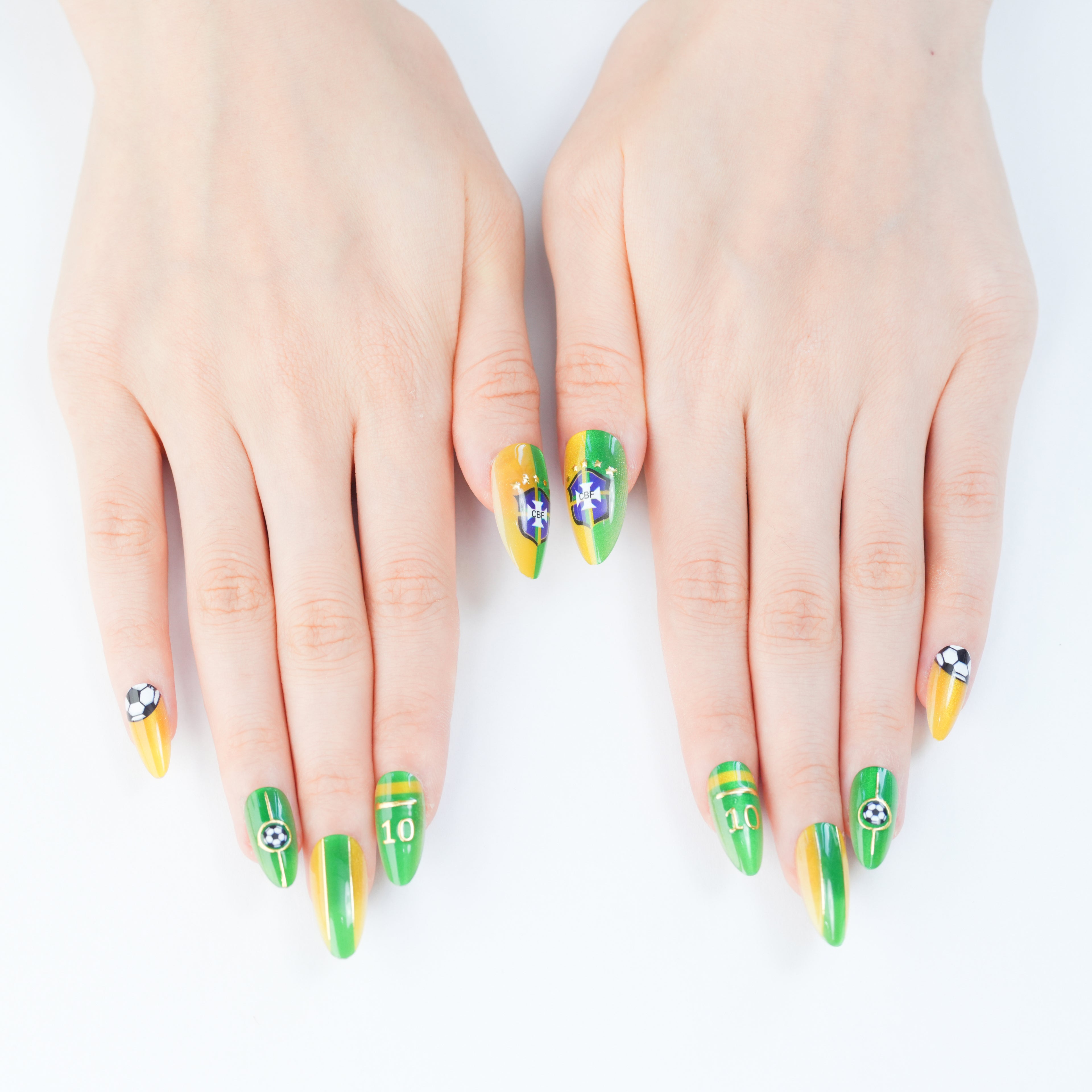 Uñas Press On artesanales del Mundial | Set de 24 piezas Reutilizables | Estilo Selección Brasileña Samba Neymar #10 *2 Modelos | Producto para Fans del Fútbol