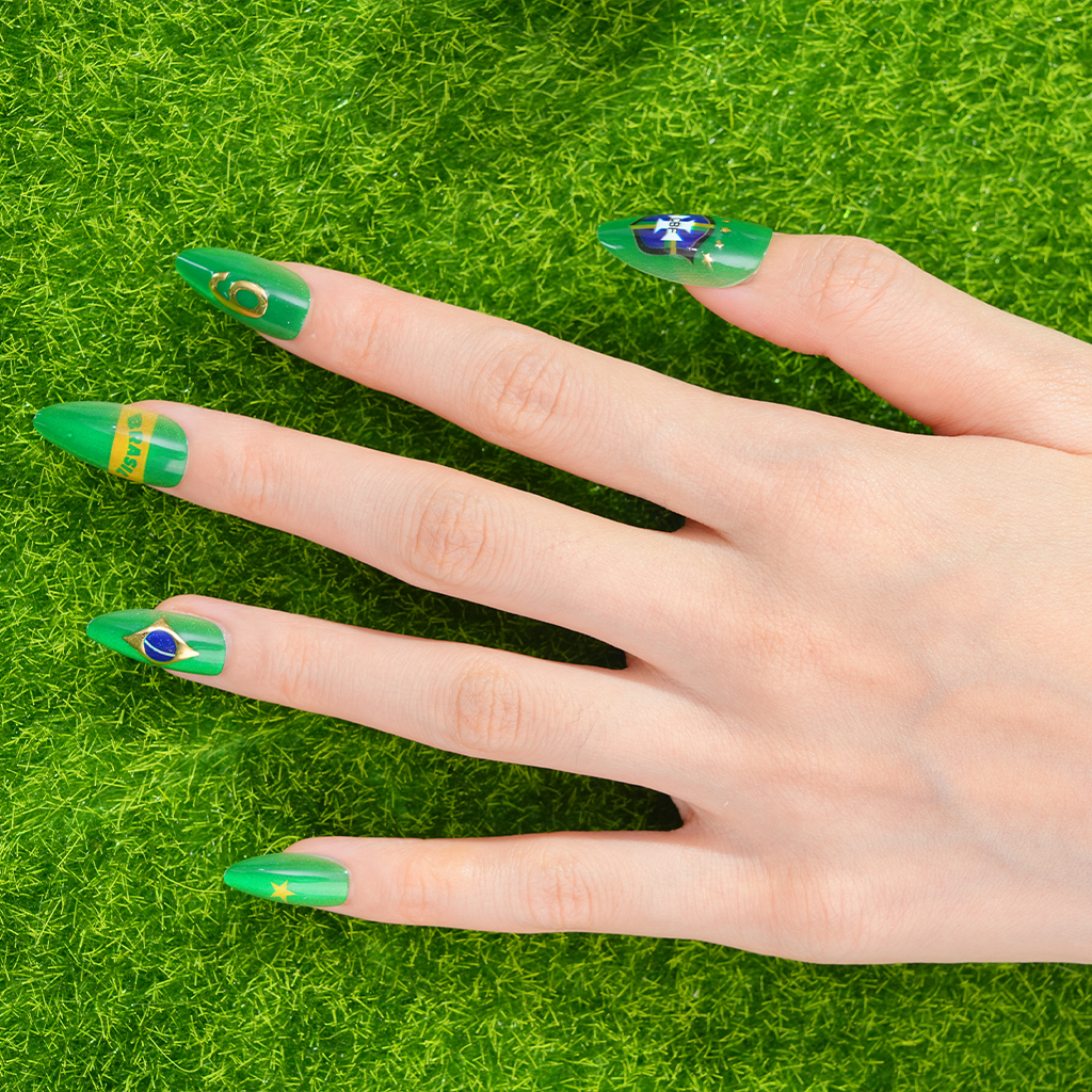 Uñas Press On artesanales del Mundial | Set de 24 piezas Reutilizables | Estilo Selección Brasileña Samba Neymar #10 -2 Modelos | Producto para Fans del Fútbol