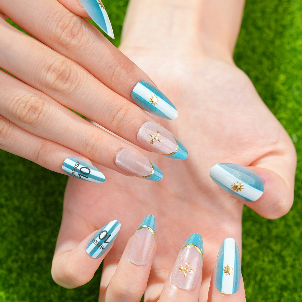 Uñas Press On artesanales del Mundial | Set de 24 piezas Reutilizables | Estilo Selección Argentina Messi #10 | Producto para Fans del Fútbol