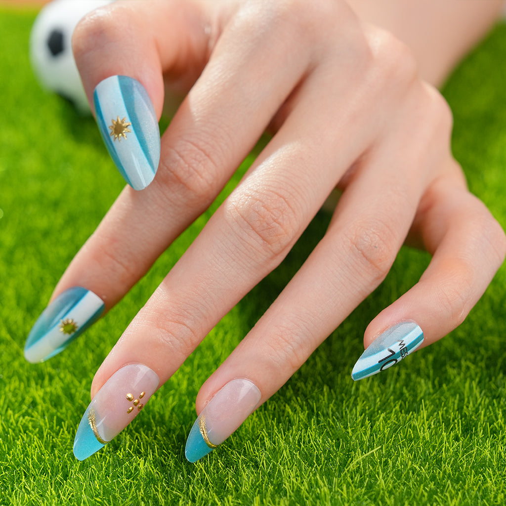 Uñas Press On artesanales del Mundial | Set de 24 piezas Reutilizables | Estilo Selección Argentina Messi #10 | Producto para Fans del Fútbol