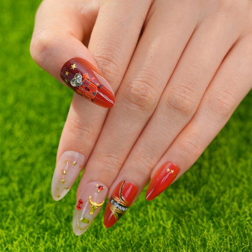 Uñas Postizas de Lujo Selección España | Set de 24 piezas con Toro Dorado y Estrellas | Manicura Reutilizable para el Mundial