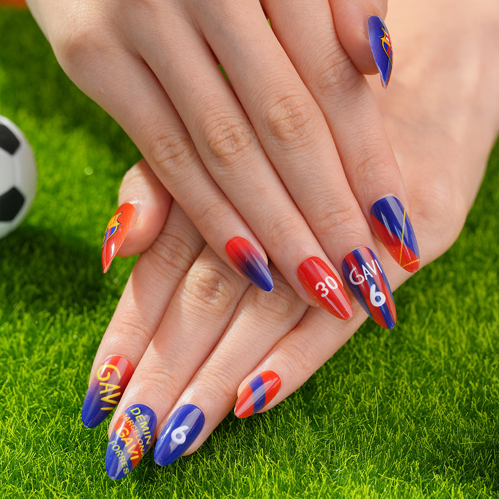 Uñas Press On artesanales del Mundial | Set de 24 piezas Reutilizables | Estilo Selección Española- Barcelona | Producto para Fans del Fútbol