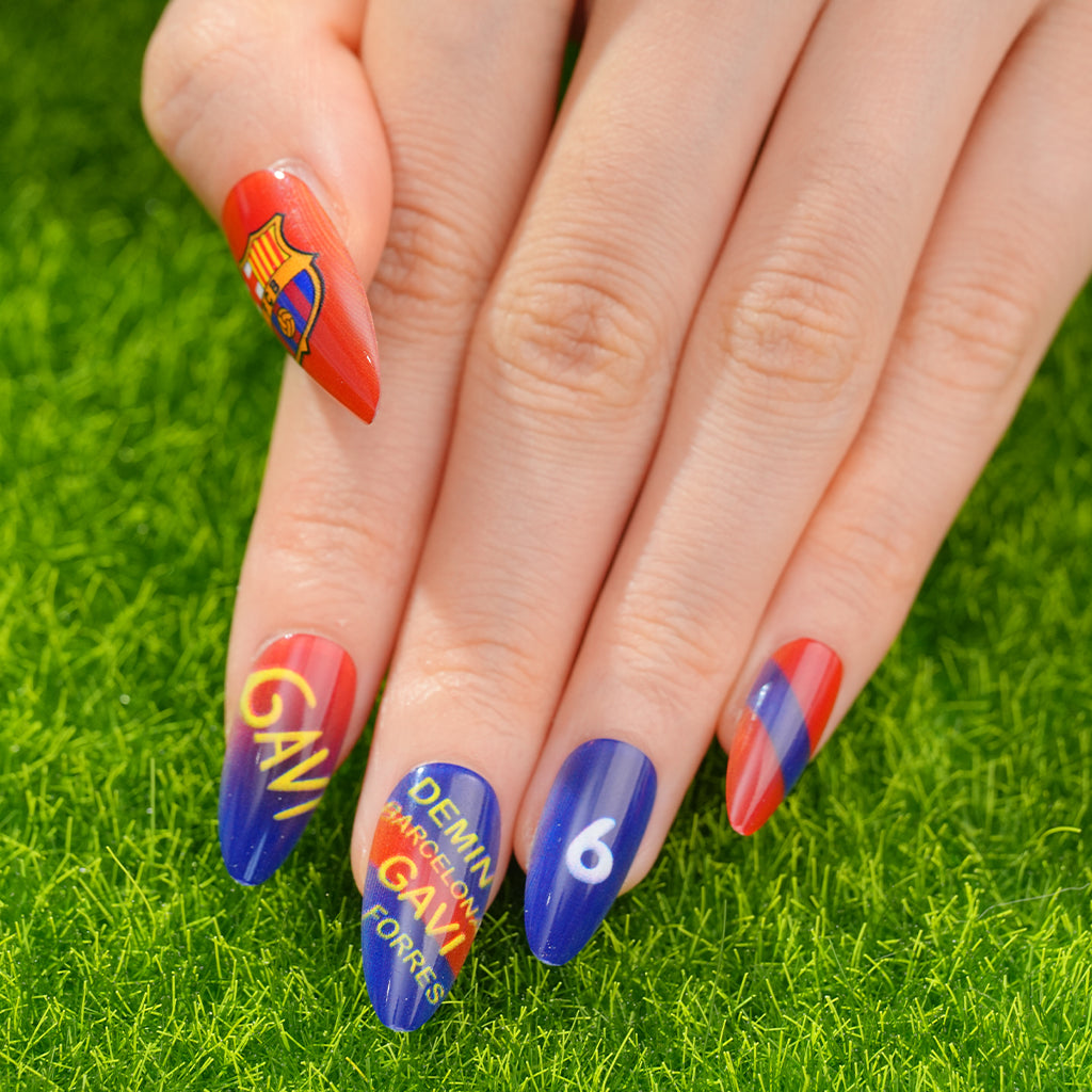 Uñas Press On artesanales del Mundial | Set de 24 piezas Reutilizables | Estilo Selección Española- Barcelona | Producto para Fans del Fútbol