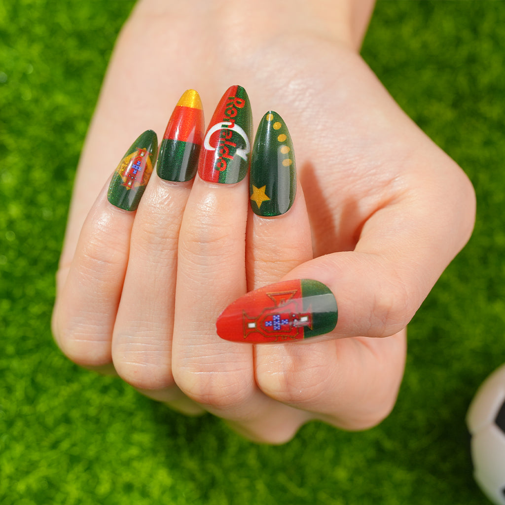 Uñas Press On artesanales del Mundial | Set de 24 piezas Reutilizables | Estilo Selección Portuguesa |  Producto para Fans del Fútbol